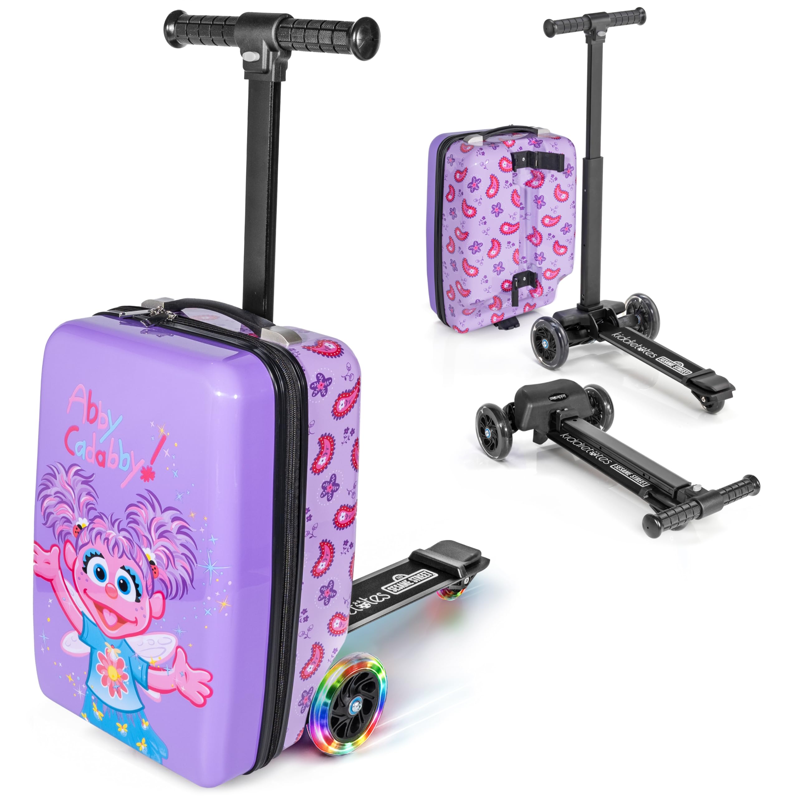 KIDDIETOTES Sesame Street 4-in-1 Detachable Scooter Luggage for Kids – Abby Cadabby – Ride-On Suitcase with Removable Luggage Body, Adjustable