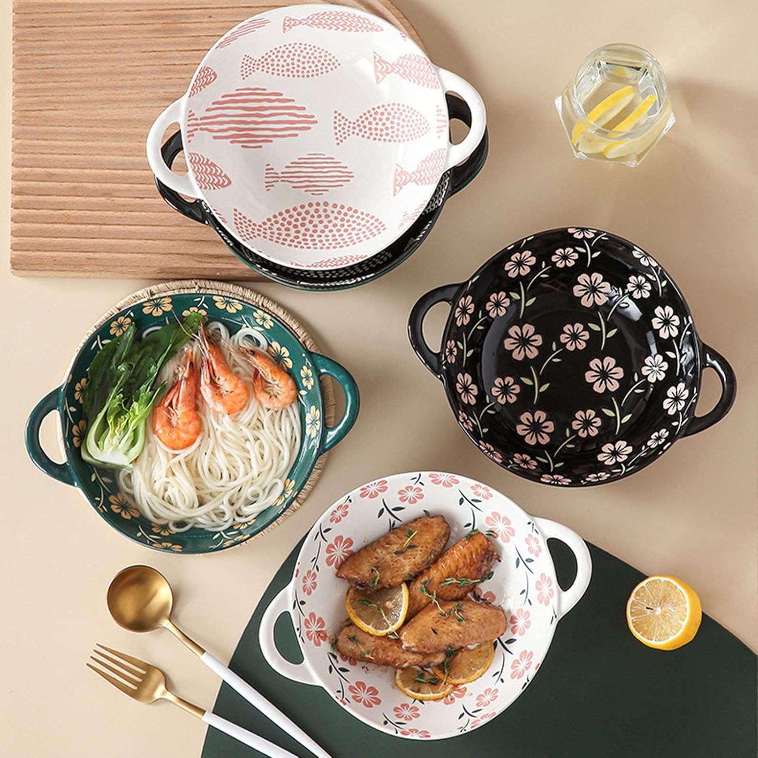 KeuLen Ceramic Bowl,Ceramic Dish SetLarge Ceramic Ramen Bowl with Handle, Deep Onion Soup Bowl Oven Safe, Microwave Safe Serving Bowl.-White-Fish(25x20x7cm) (Color : Black)