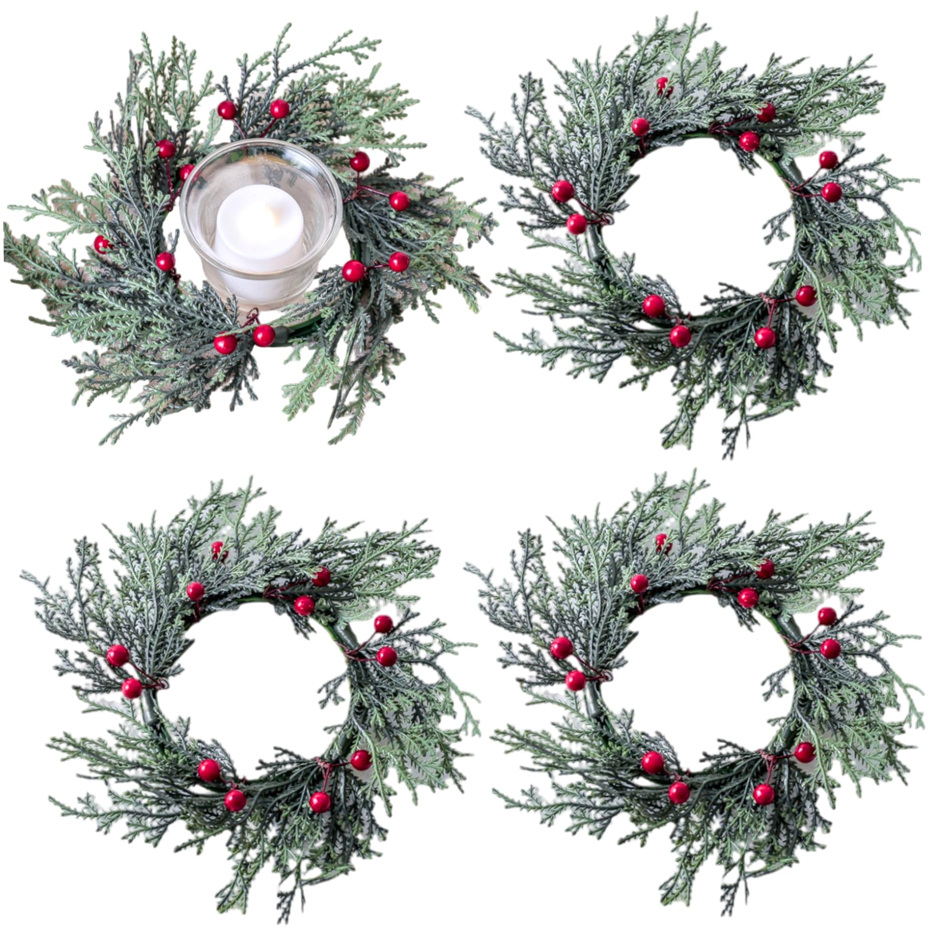 CAKEEYUM 4Pcs Candle Rings with Red Berry Lifelike Artificial Christmas Candle Wreath for Pillars Wedding Winter Table Front Door Decoration Decoration