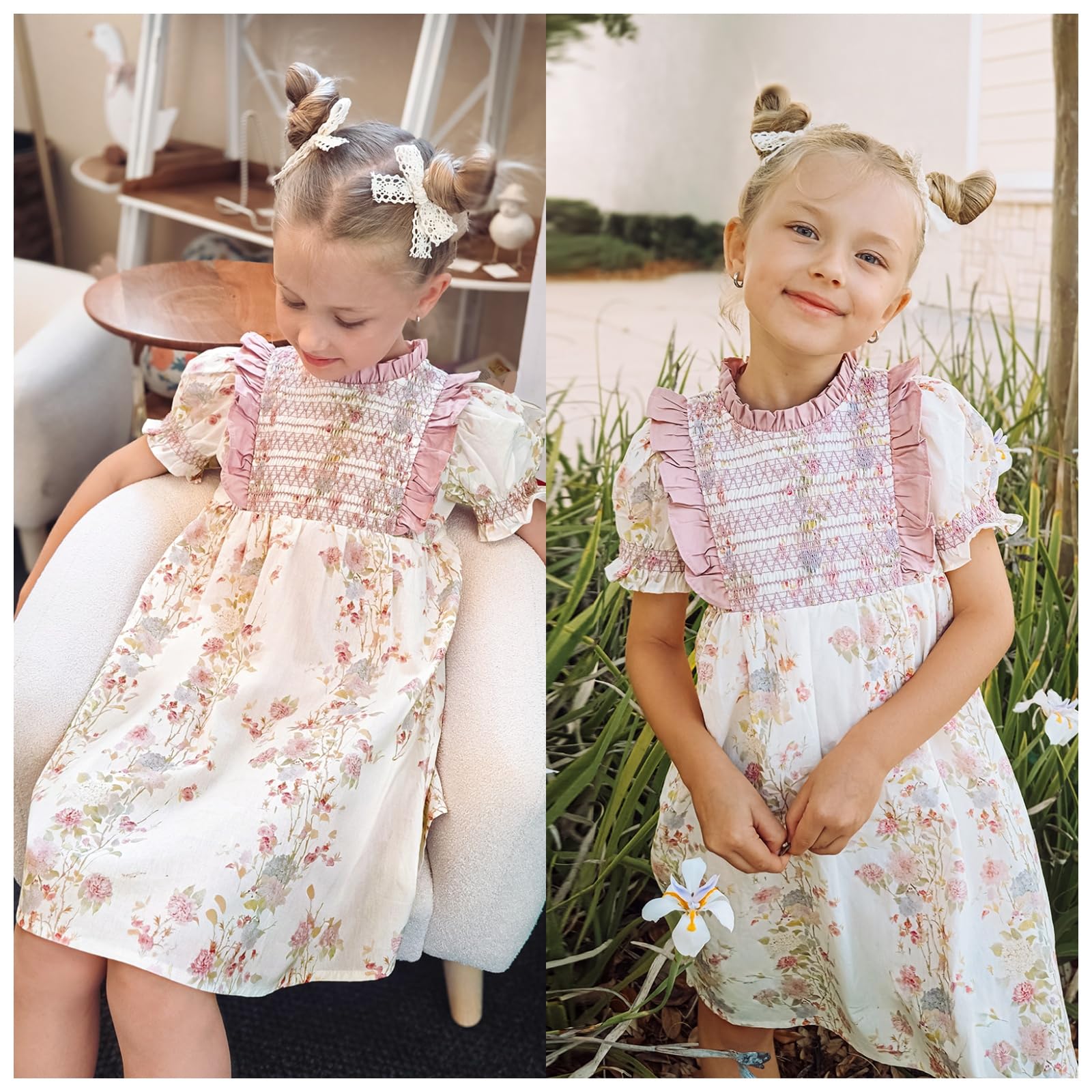 Miipat Vestidos de Algodón para Niñas, Vintage Vestidos Estampado Floral Fruncidos de Verano Mangas Abullonadas y Cuello Peter Pan Vestido Casuales para Niños