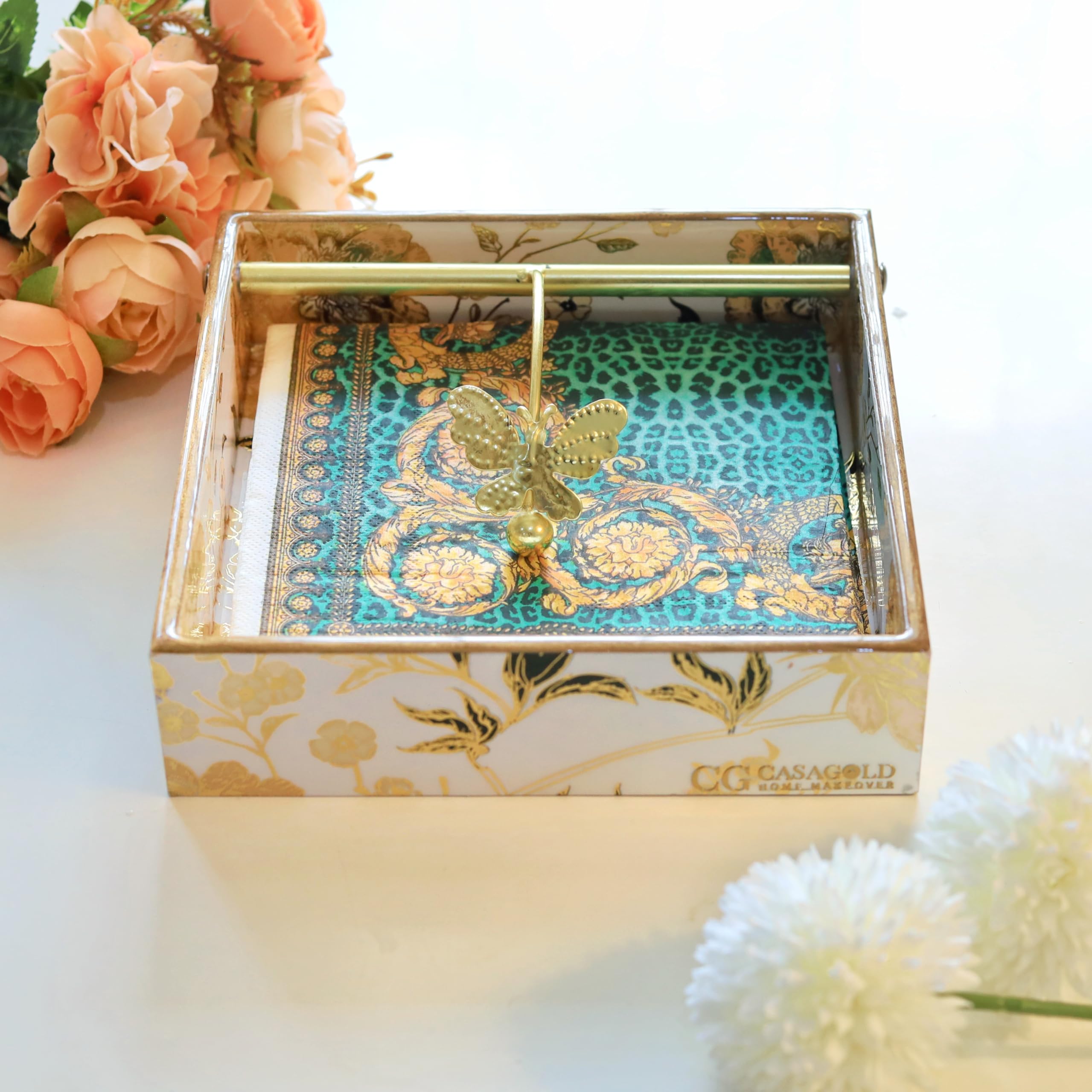 CasaGold White Gold Flower Print Square Tissue Tray/Square Napkin Holder/Tissue Paper Case Dispenser/Facial Tissue Holder with Magnetic Bottom for Home Office Car (B0D41ZL97V) Amazon Price History, Amazon Price Tracker