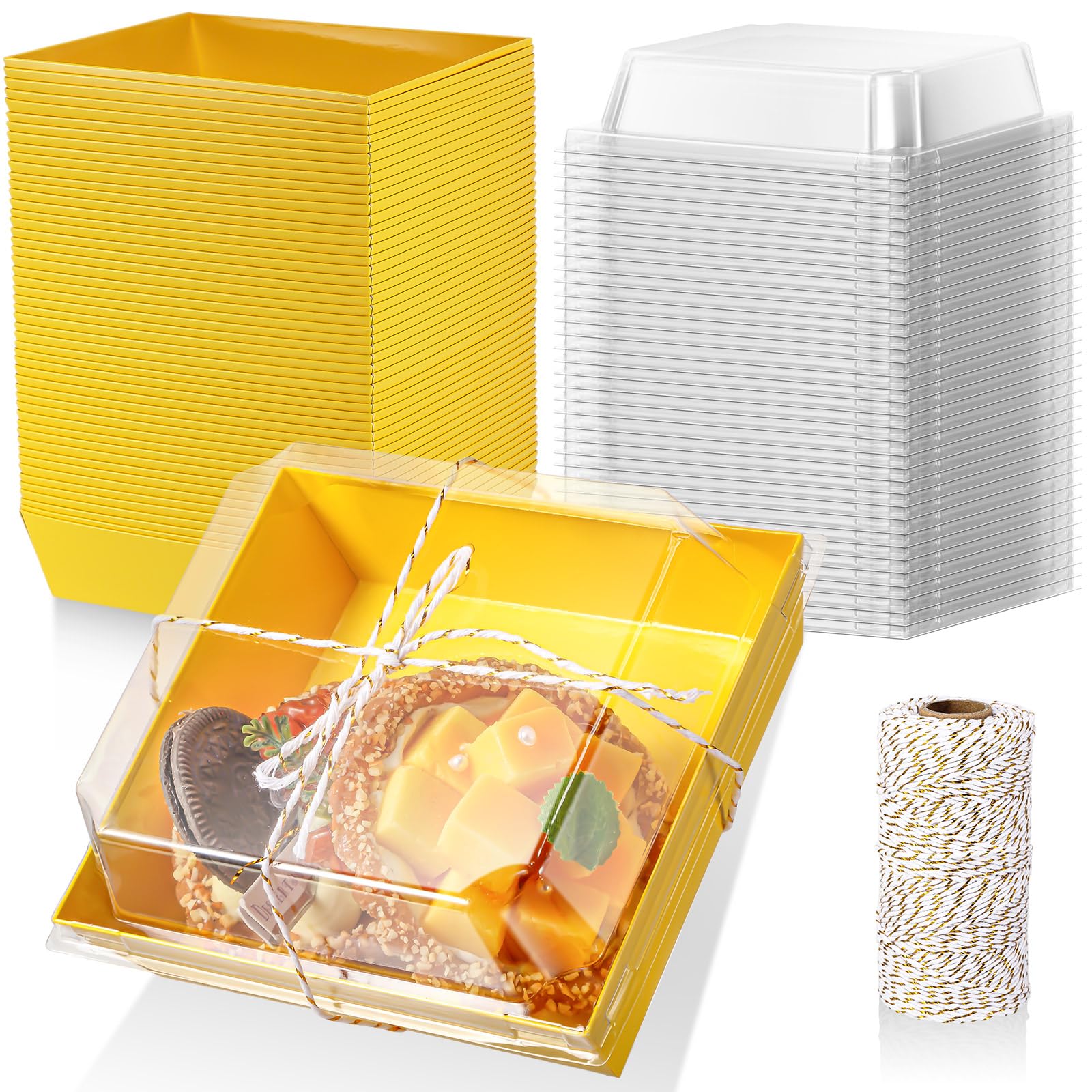 Suclain 402 pcs Charcuterie Boxes with window cookie boxes with Clear Lids and Rope 4 Disposable Square Dessert Boxes for Party Favor(Gold)