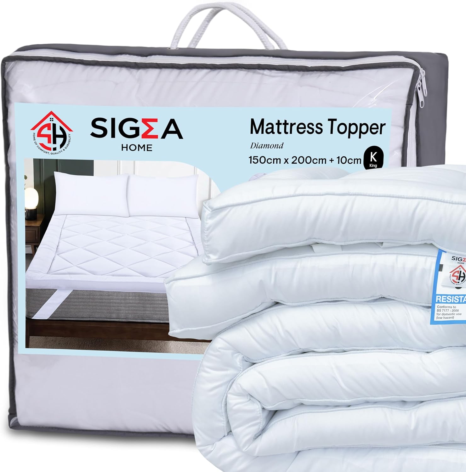 SIGMA HOME Mattress Topper Kingsize bed FLAME RETARDANT 10cm (4 inch