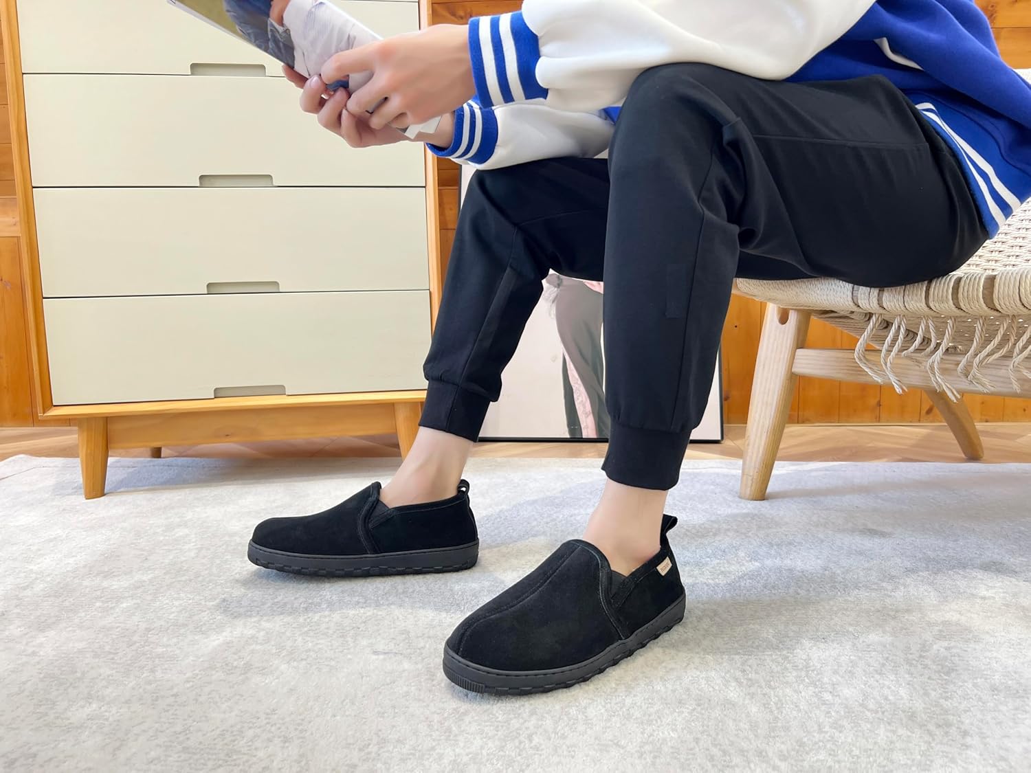 Men's slipper genuine leather upper shearling lined sheepskin Insole memory foam slip on warm house shoes rubber outsole Indoor & outdoor loafer slippers for men，D width - Image 2