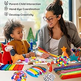 FUNZBO 2000Pcs+ Arts & Crafts Supplies Kits for Kids, Christmas DIY Craft Supplies for Toddlers Art Supply Tools Set Pipe Cleaners, Pom Poms and Feather, Birthday Gifts for Kid Girls Ages 4-8-12