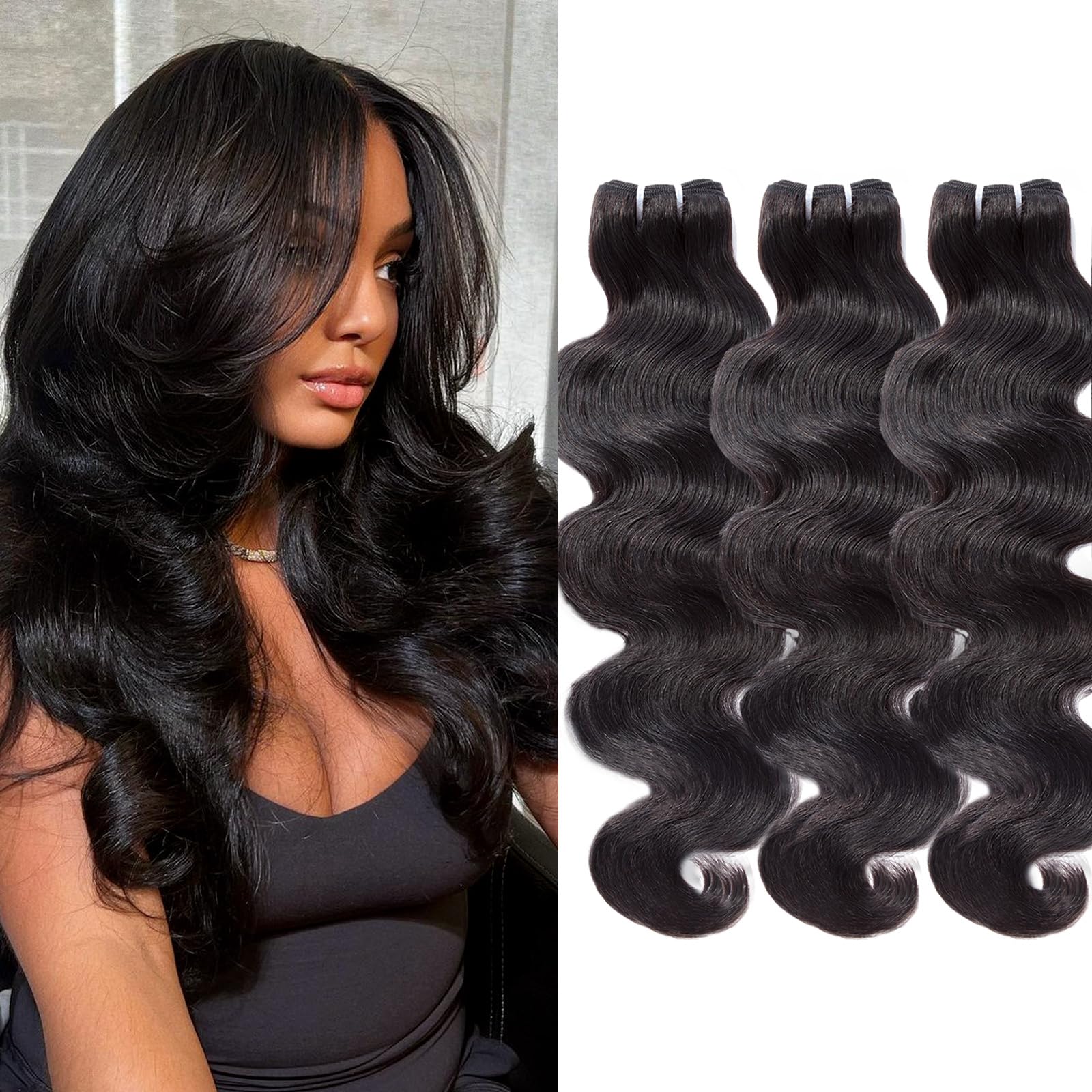 WEQUEEN Body Wave Bundles Human Hair 16A Brazilian Virgin Hair Bundles 14 16 18 Inch Thick Weave Natural Black