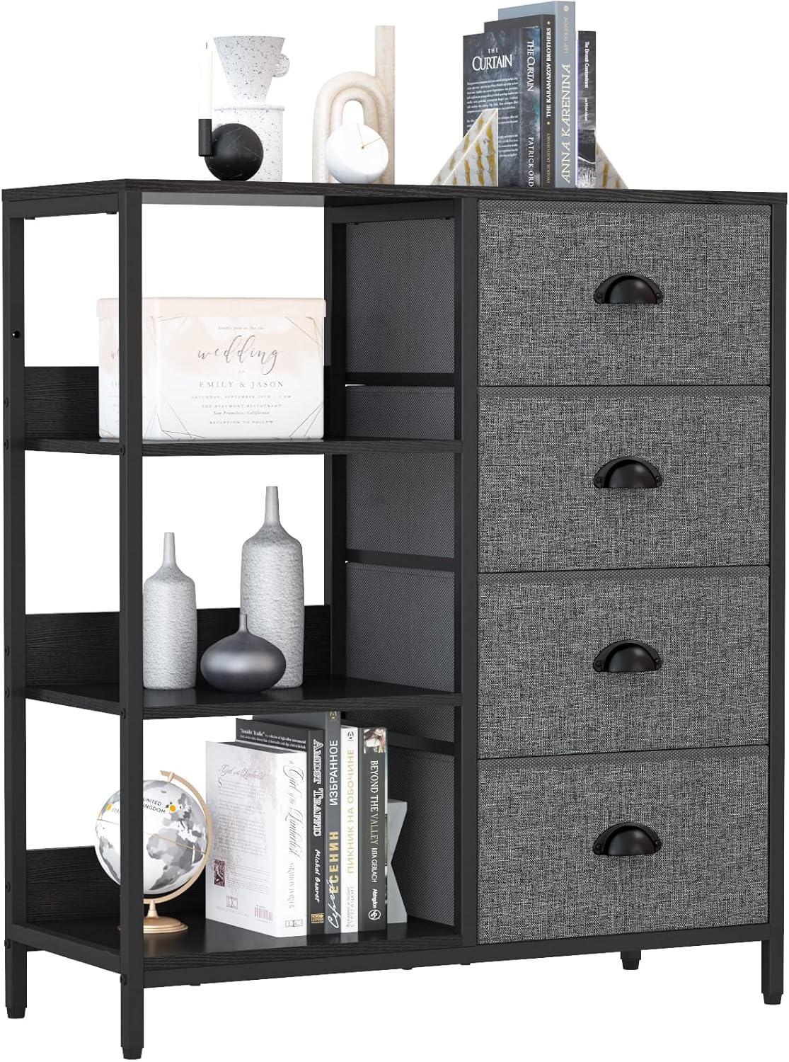 Furologee Fabric Dresser with 4 Drawers and Side Shelf,Industrial