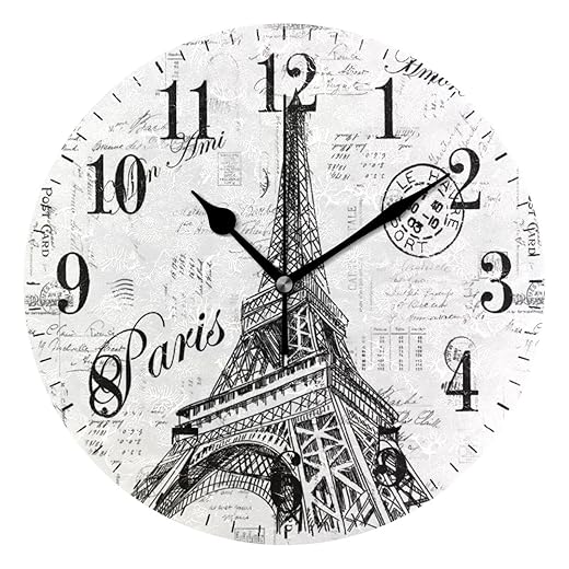 xigua Paris Eiffel Tower Wall Clock, Silent Non Ticking 10 Inch Battery Operated Wall Clocks, Easy