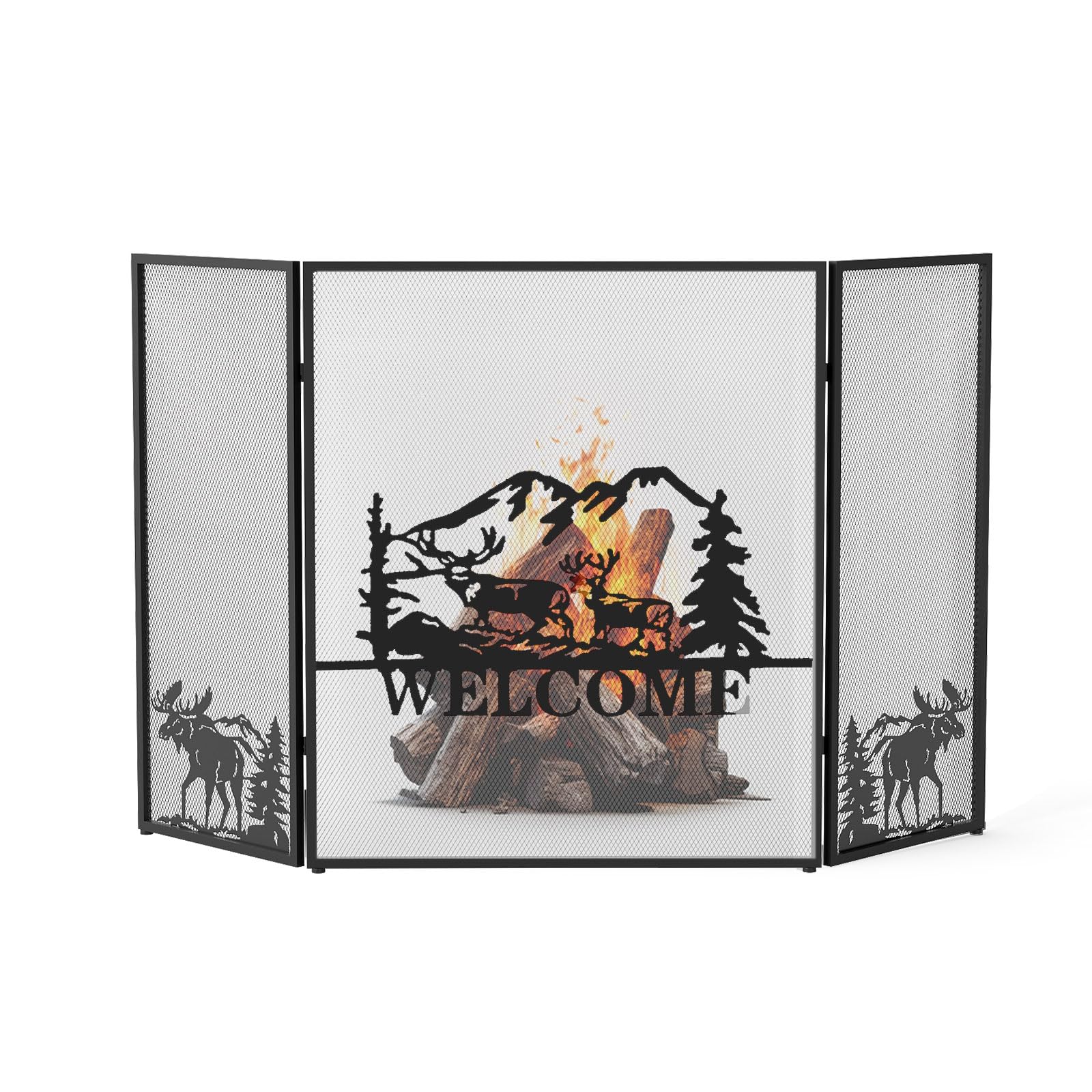 GOPLUS Pare Feu Cheminée Pliable 3 Panneaux en Fer, Écran de Cheminée Pare-Étincelles Pliable pour Décoration de Salon, Grille de Protection pour Cheminée Autoportante (Bienvenu, 132x79CM)