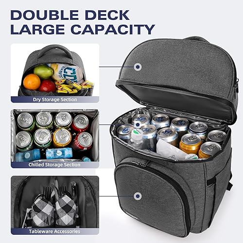 Miniatura 4 de Mochila de picnic con aislamiento para 2 personas con compartimento refrigerador, con manta, platos y juego de cubiertos, para camping y playa