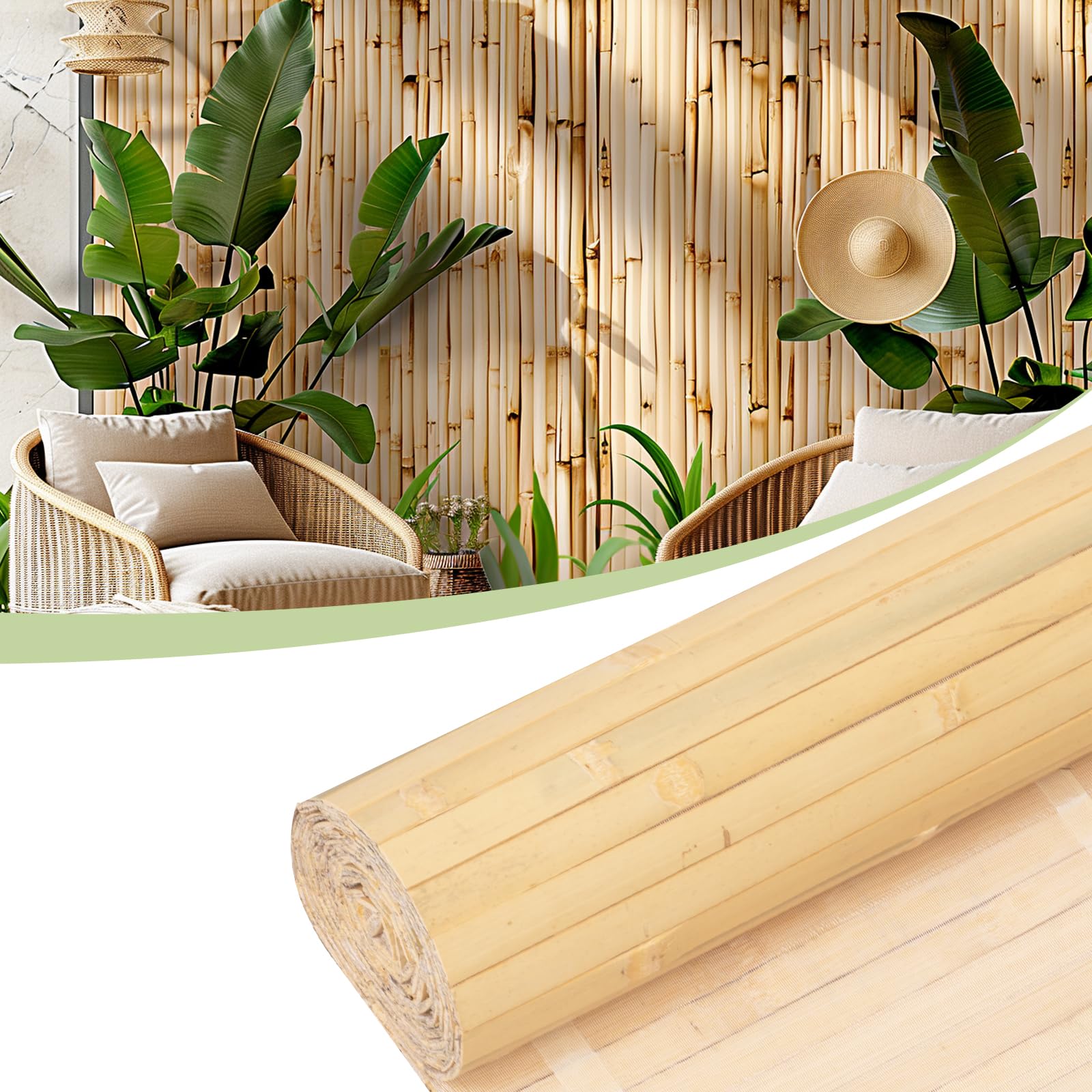 Bamboo Wall Panels for Interior Wall Decor（48"H x 96"L）Natural Wainscoting Panels Wall Paneling for Living Room Decor, Tiki Bar,Kitchen,Ceiling Tiles, Pole Wrap Wood Roll,Wall Decor for Bedroom