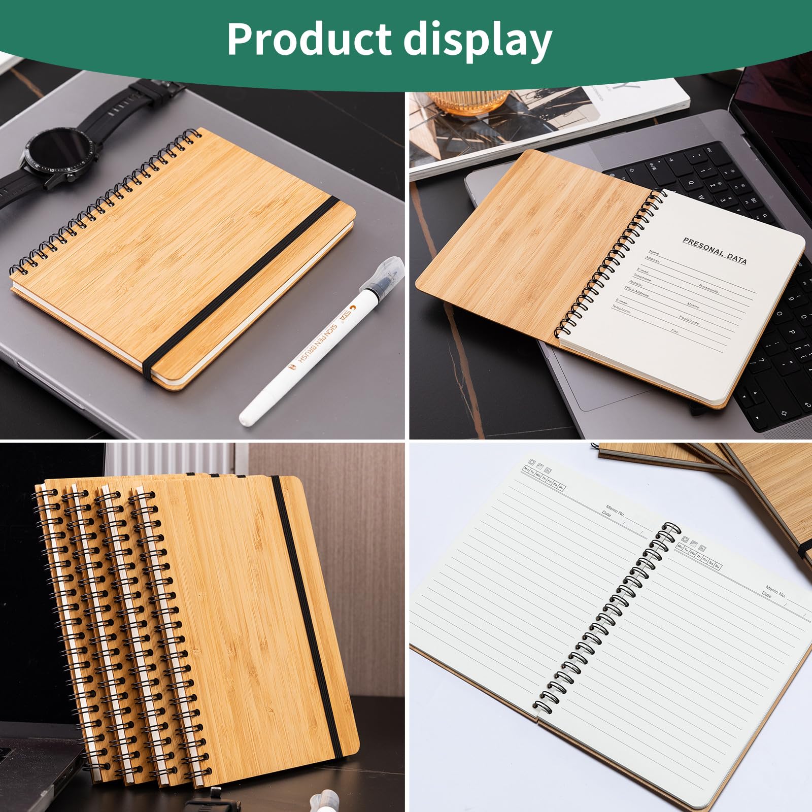 Set di 4 quaderni a righe in bambù, 80 pagine, 13,5 x 18,3 cm, con copertina rigida, diario giornaliero per lavoro, viaggi, scuola, appunti, università (4)