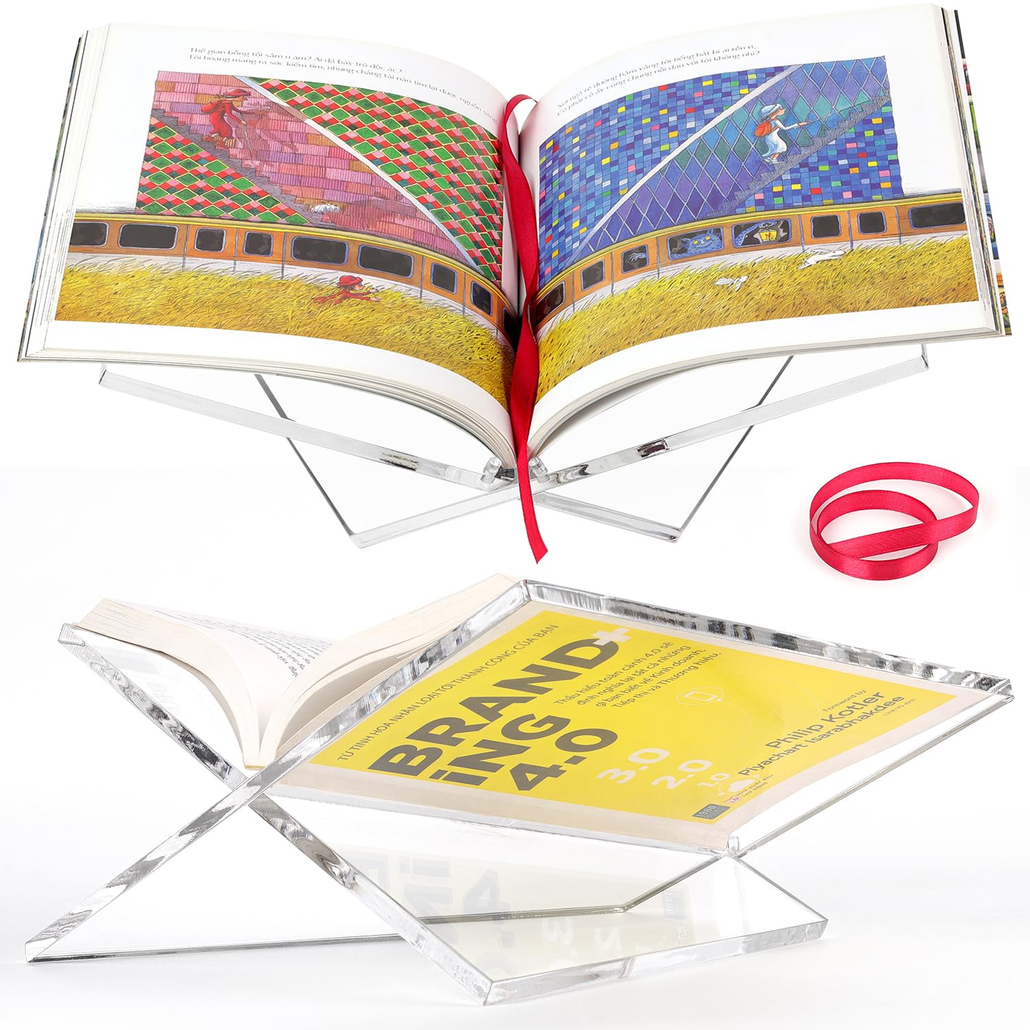 Large Clear Acrylic Book Stand for Reading and Display, Foldable Book Holder for Cookbooks, Art Books, Bibles, Magazines Open Book stand for Kitchen,