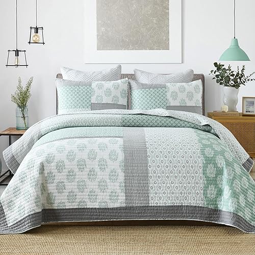 Finlonte - Juego de edredón de algodón tamaño queen, floral, retazos reales, reversible, ligero y de color verde, gris y blanco para cama tamaño