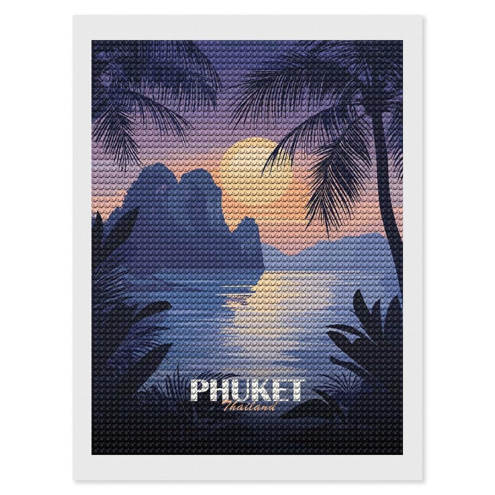 Junmoney Phuket Thailand Tropical Island Sunset Diamond Art Kit 12"x16", Vintage Style Decor, Stress Relief Craft, Decor Project, Relaxing DIY, Creative Hobby