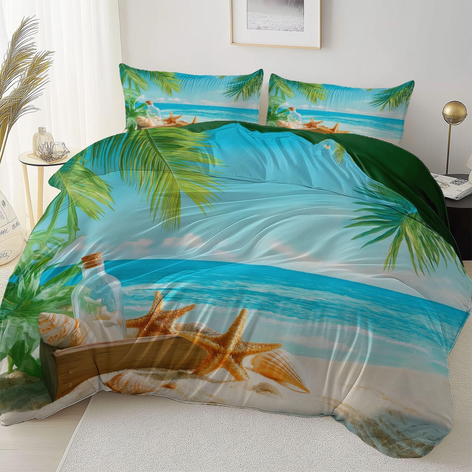 Komplet pościeli z motywem natury, plaża, niebo, zielona, zestaw pościeli z mikrofibry, dla nastolatków, dziewczynek, do pokoju, 240 x 260 cm, poszewka na kołdrę z zamkiem błyskawicznym