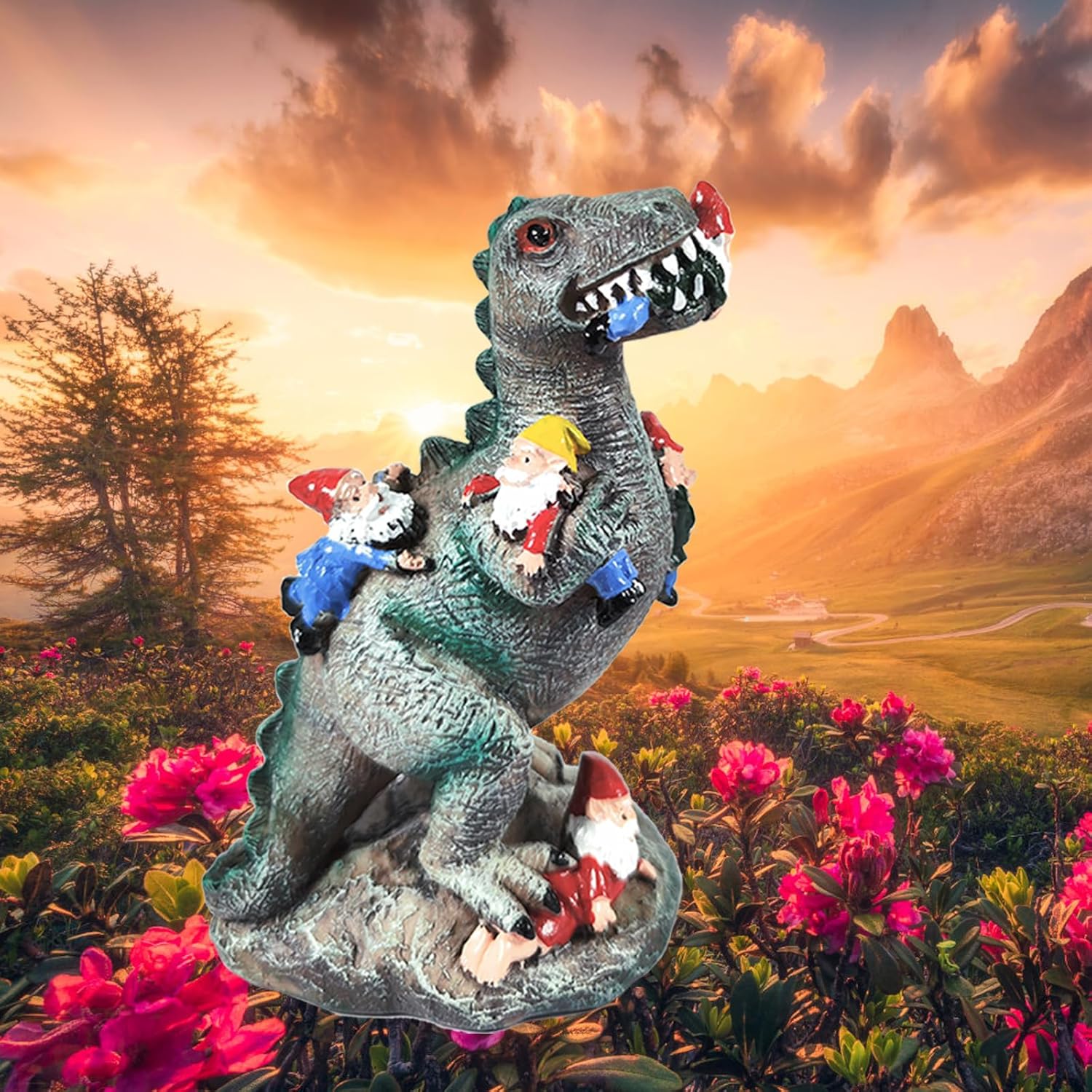 1pcs Funny Dinosaur Eat Gnome Green Resin Statue, 5.91 Inch High, Painted, Tabletop, Whimsical Retro Christmas Dinosaur Gnome Garden Statue Decoration for Indoor Yard Patio Lawn Landscape