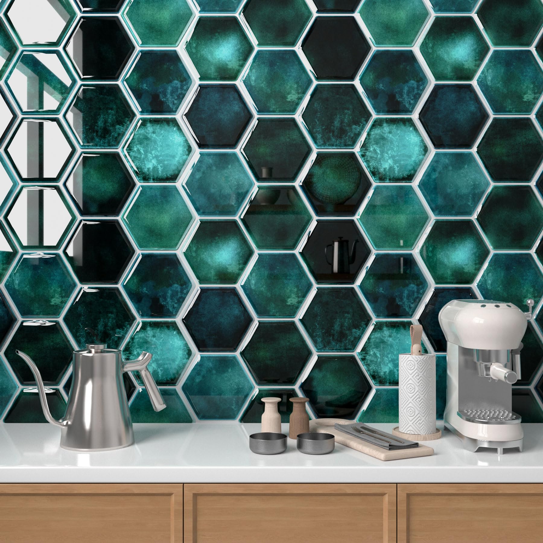 Decotalk Pegatinas para Azulejos Autoadhesivas Geométricas Verde Hexagonal 30.5X30.5cm 15 piezas, Azulejos Adhesivos para la Cocina