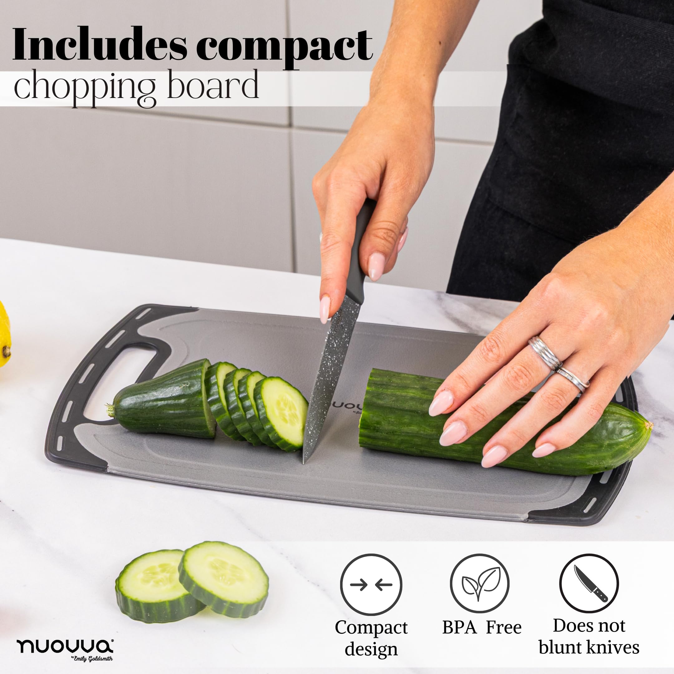 Cooking Utensils Set with Chopping Board – Knife Set with Block – Heat Resistant Silicone Utensils with Wooden Handle, Spoons, Ladles & Spatula – Kitchen Tools & Accessories – 17pcs, Grey – by Nuovva — view 6