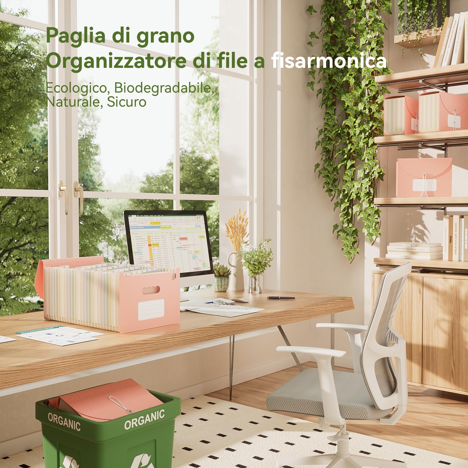 EcoStash Cartella Portadocumenti A4, 26 Tasche Porta Documenti in Paglia di Grano, Raccoglitore Documenti Espandibile per Ufficio Casa, Senza BPA, Ritorno alla Natura, Vita Sana - Rosa Fragola