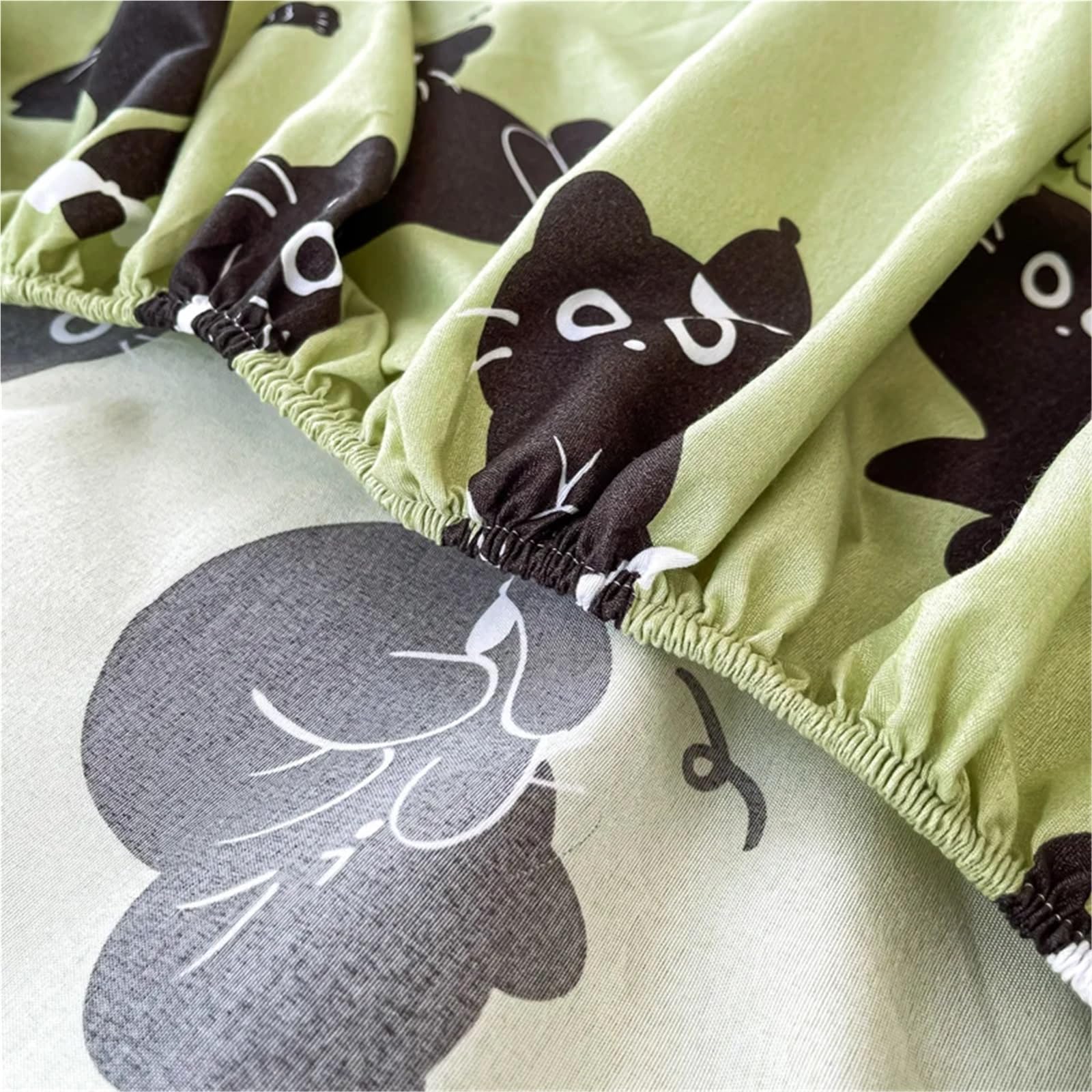 sábana encimera Estampada Sábana con Estampado de Gato, Color Verde, tamaño Individual/Queen/King, Equipada Banda elástica, Estilo Dibujos Animados(90x200cmx25 3pcs)