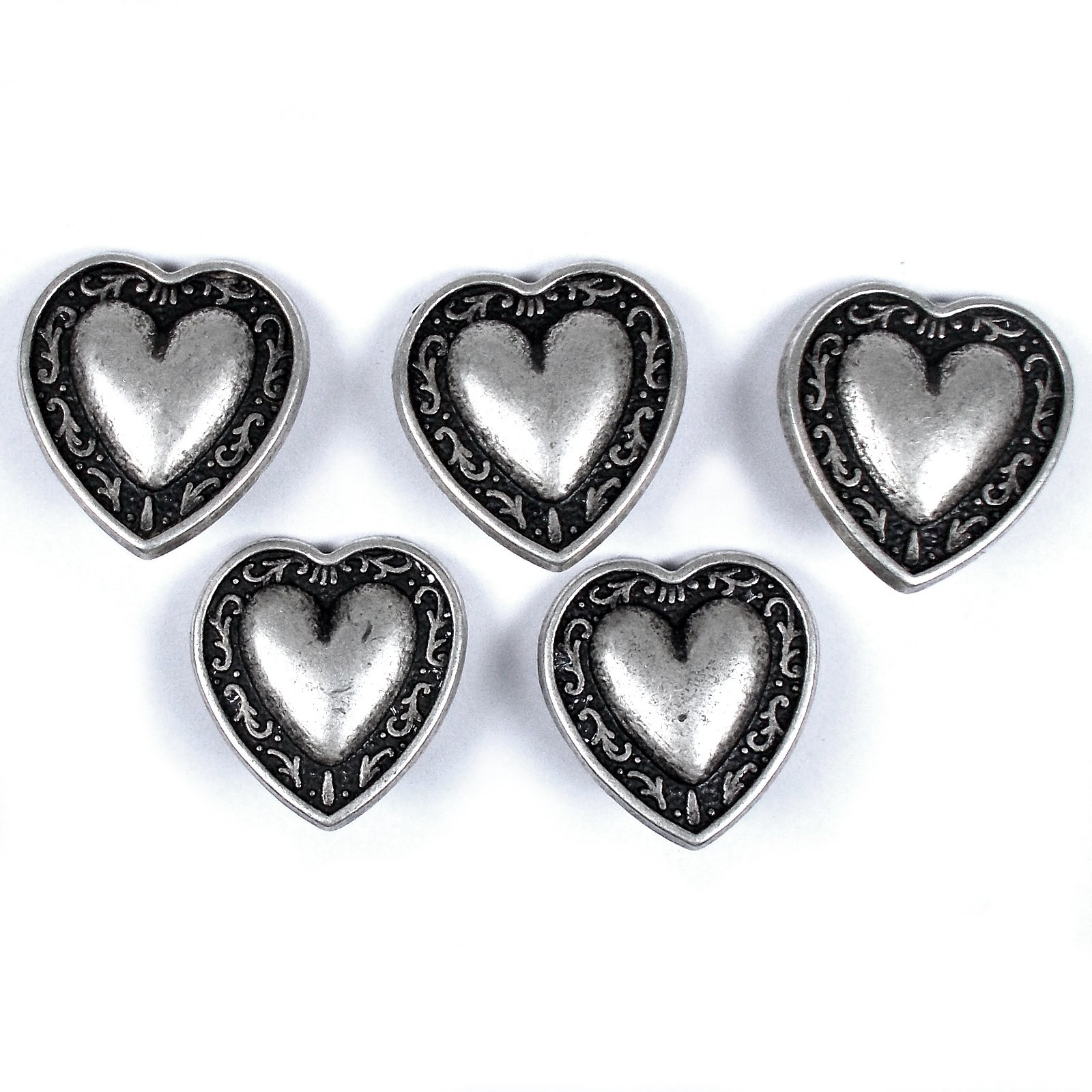 Metal Heart Buttons Vine Border Antique Silver Colour Pack of 5 (12mm)