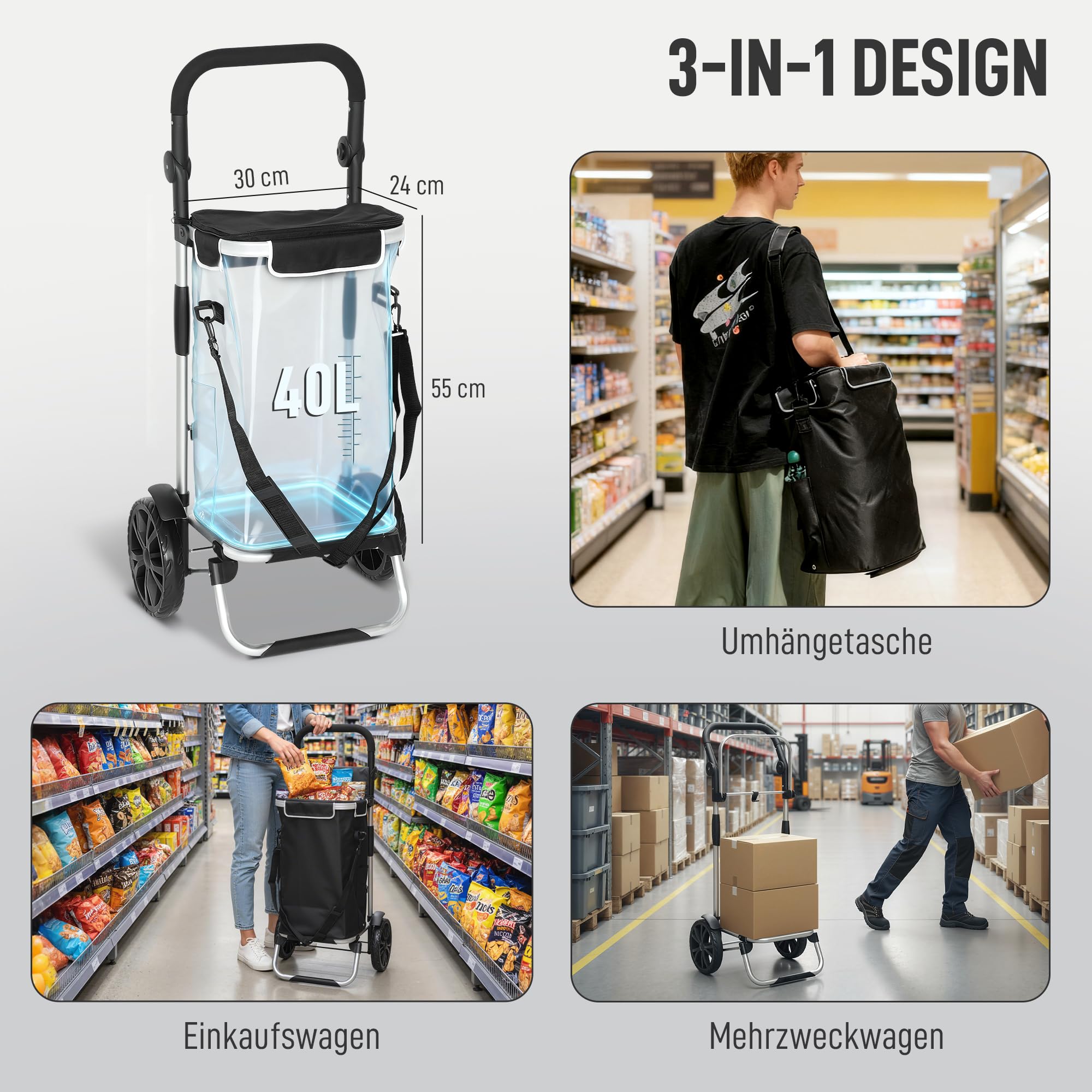 HOMCOM Wózek na zakupy 3 w 1, składany, pojemność 40 l, obciążenie do 25 kg, wózek na zakupy z kieszenią chłodzącą, wózek na ramię, do wchodzenia po schodach, czarny