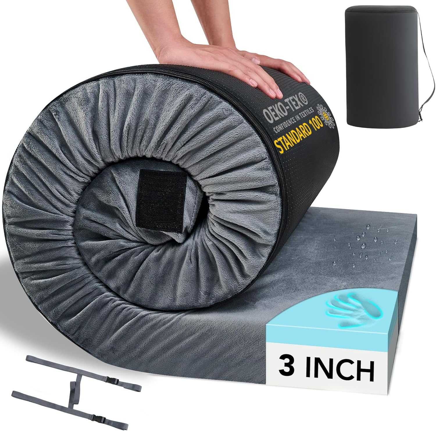 HomeMate CertiPUR-US Memory Foam Camping Mattress Pad Portable Roll Up Mattress for Adults Sleeping Mat Cot Mattress Pad Grey Cot / 72*24*3