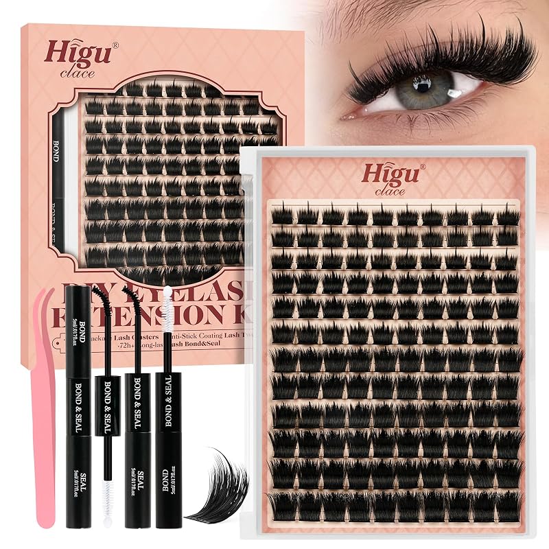 Higu clace Kit de Cílios Postiços em Tufo Spiky D Curl Y08, 8–16 mm, 120 unidades, com Cola Bond & Seal e Pinça