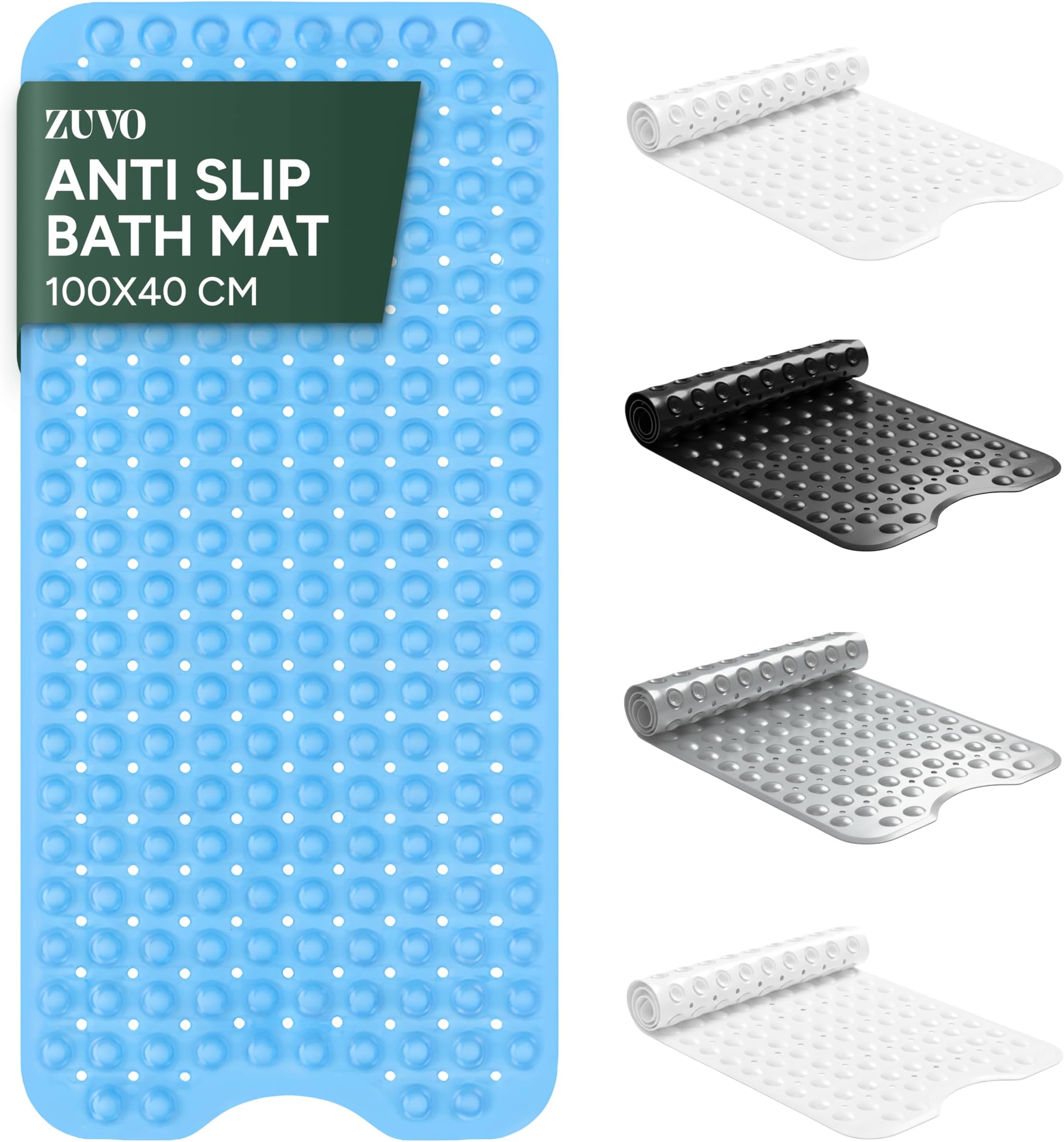 Zuvo Non-Slip Bath Mat | Extra Long 100 x 40 cm | Strong Suction Cups & Anti-Mould | Machine Washable | Safe for Kids & Seniors | Blue