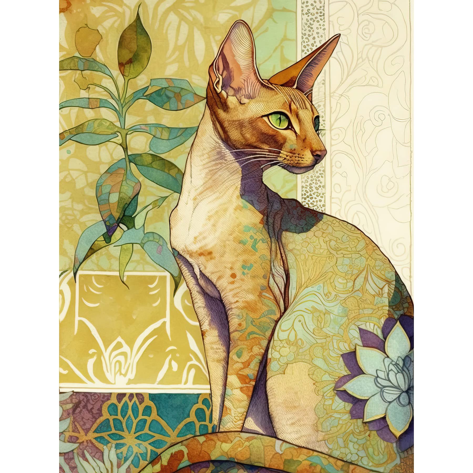 Artery8 Oriental Shorthair Cat with Art Nouveau Botanical Patterns Colourful Watercolour Illustration Large Wall Art Poster Print Thick Paper 18X24 Inch