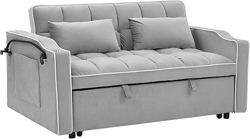 Miniatura 15 de Sofá cama biplaza de terciopelo convertible y moderno con cama desplegable, respaldo ajustable y 2 almohadas lumbares, para espacios pequeños (gris