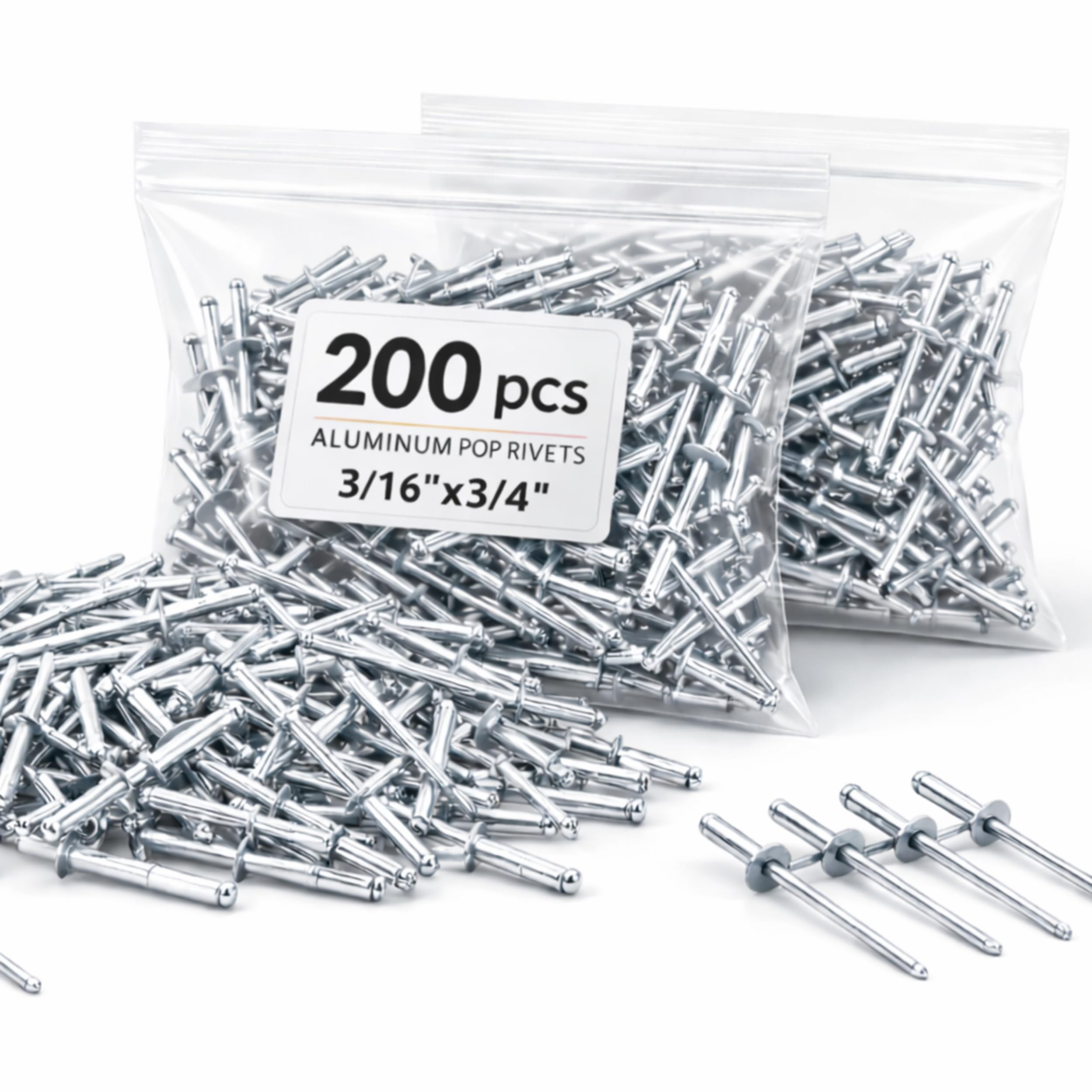 200PCS Large Flange Aluminum Pop Rivets 3/16" x 3/4" Big Head Steel Mandrel Dome Body Blind Clenches Set for Sheet Steel Duct Work Aluminum Boat Clenches Long Pop Rivets