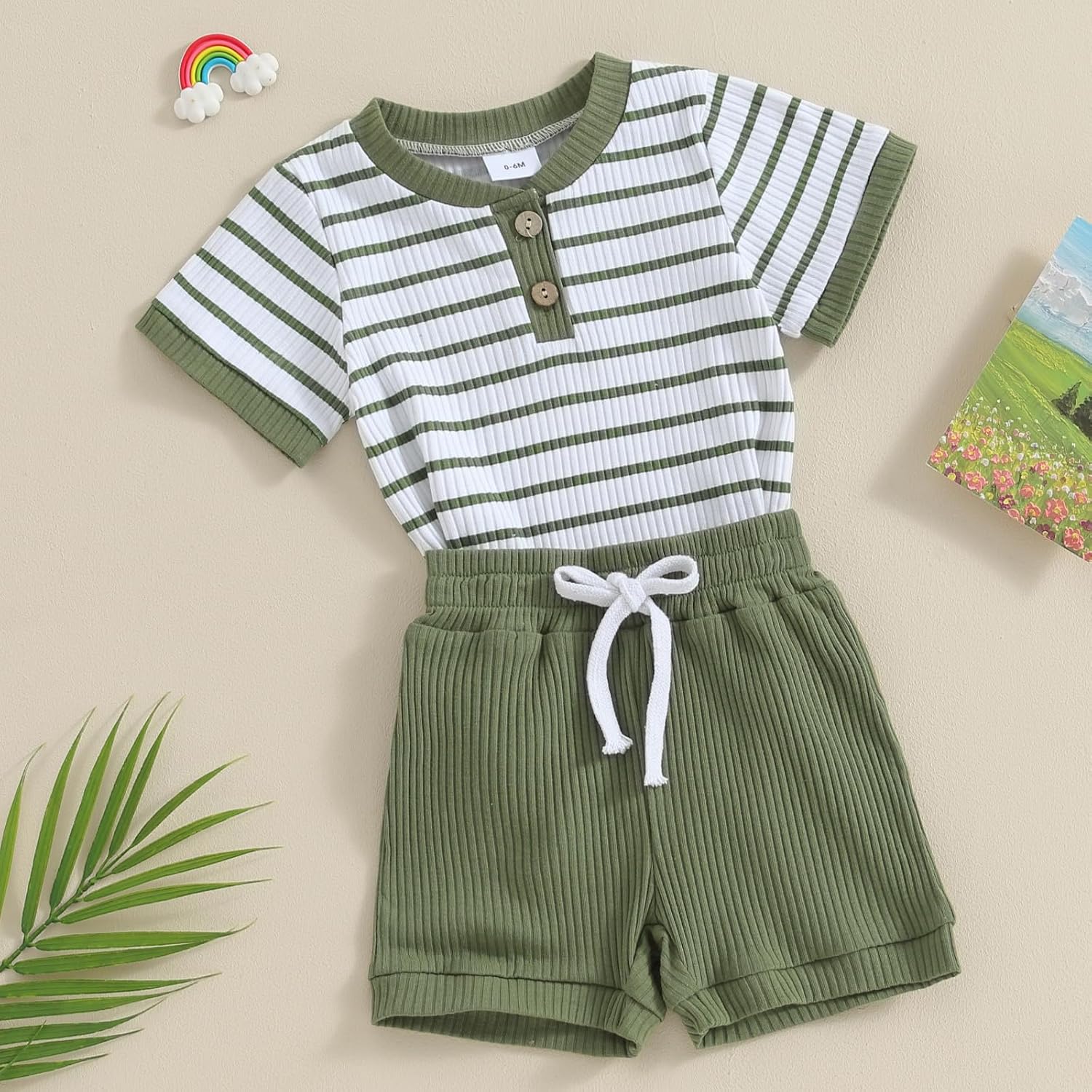 Newborn Baby Boy Girl Clothes Set Ribbed Short Sleeve Striped Romper Top Solid Color Shorts Sets 2Pcs Summer Outfits