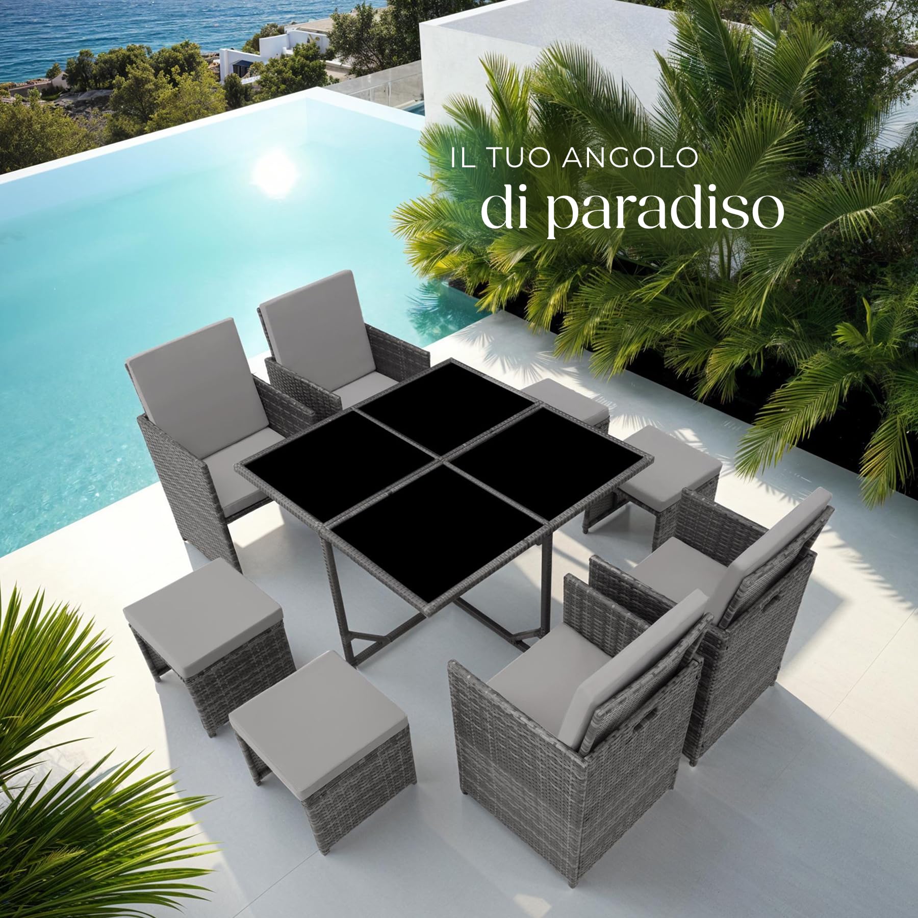 Set Mobili Rattan Bilbao 4 Sedie 4 Sgabelli Tavolo Acciaio Poly Rattan Giardino Terrazzo Grigio