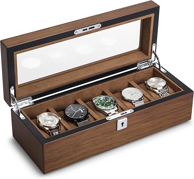 QIWODE 5 Grid Wood Watch Box, Watch Storage Case Holder Watch Organizer with Glass Display Lid and Pillow Valentines Day Gifts Birthday Gifts for Men and Women (5 Slot)