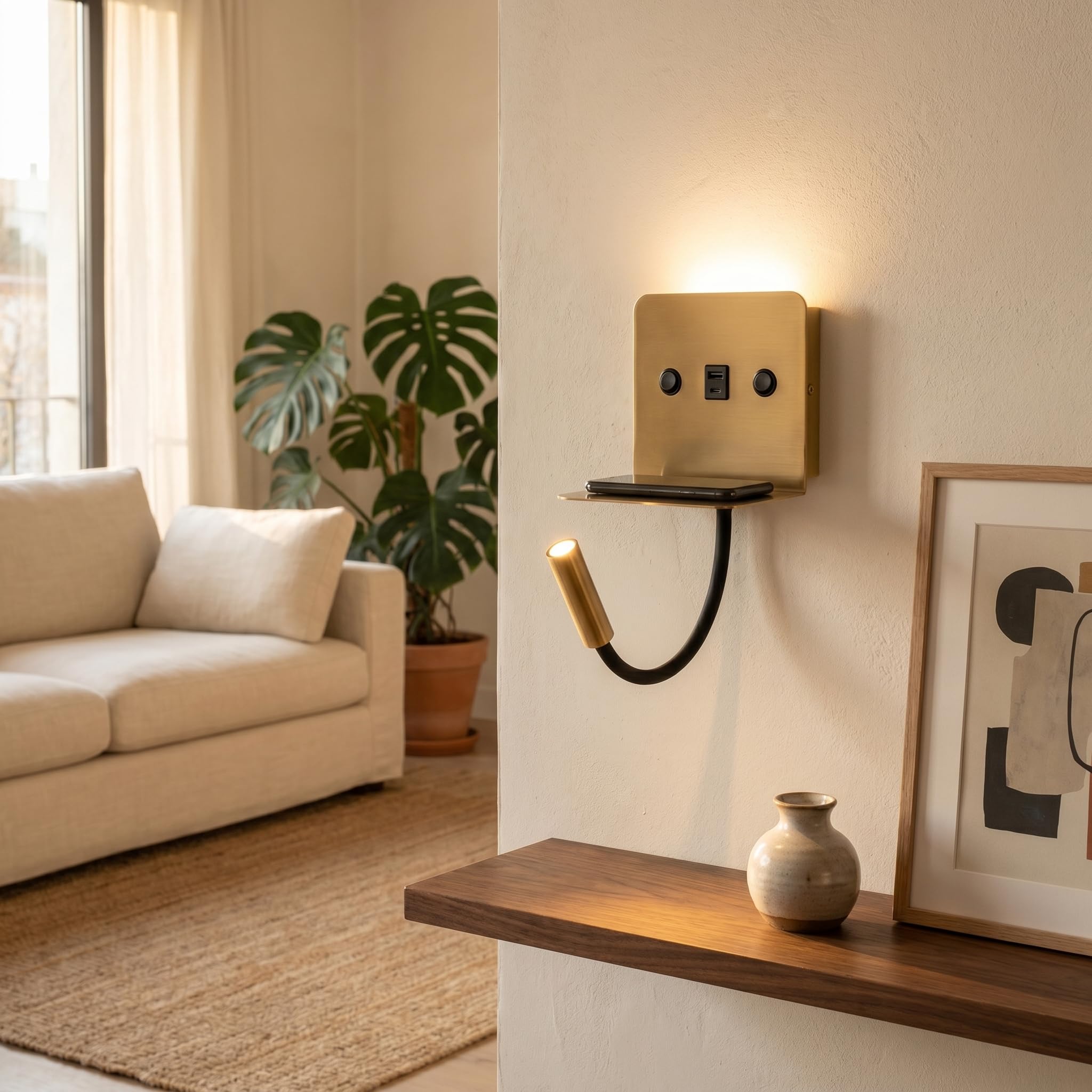 BARCELONA LED Applique Murale LED de Lecture SLANGE 2 Doré 3W+6W USB USB-C Lampe Chevet avec Étagère, Double Éclairage Indépendant, Lumière Chaude 3000K, Bras Flexo Orientable