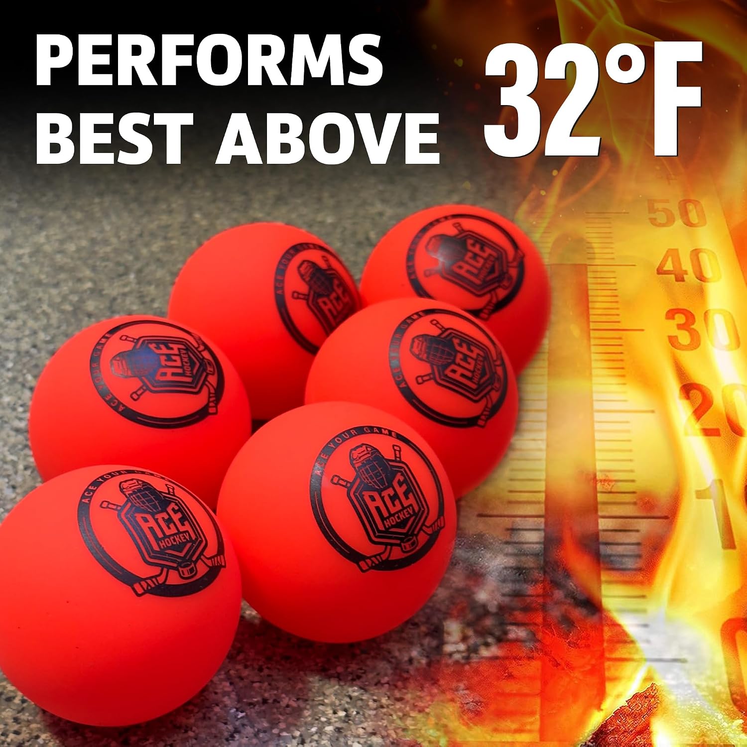 ACE HOCKEY Street Hockey Balls - 6-Pack with Mesh Bag - No-Bounce Outdoor Play PVC Balls for Street, Roller & DEK Hockey - Official Size 2 5/8" - High Visibility Orange