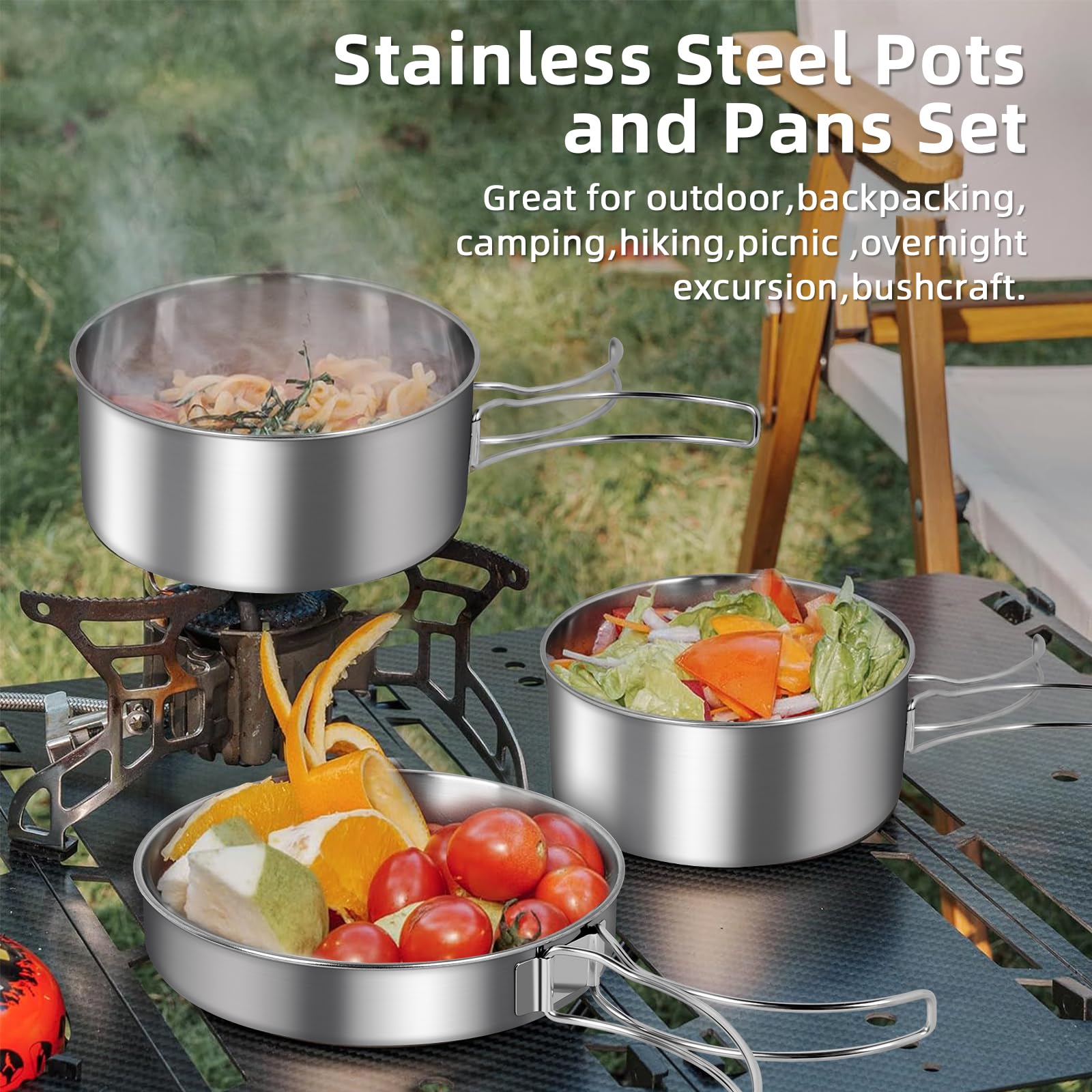 12 Piezas Utensilios Cocina Camping, Juego de Olla y Sartenes de Acero Inoxidable de Camping Kit de Portátil y Liviano para 1-2 Personas Ligero y Compacto para Acampar Senderismo Picnic