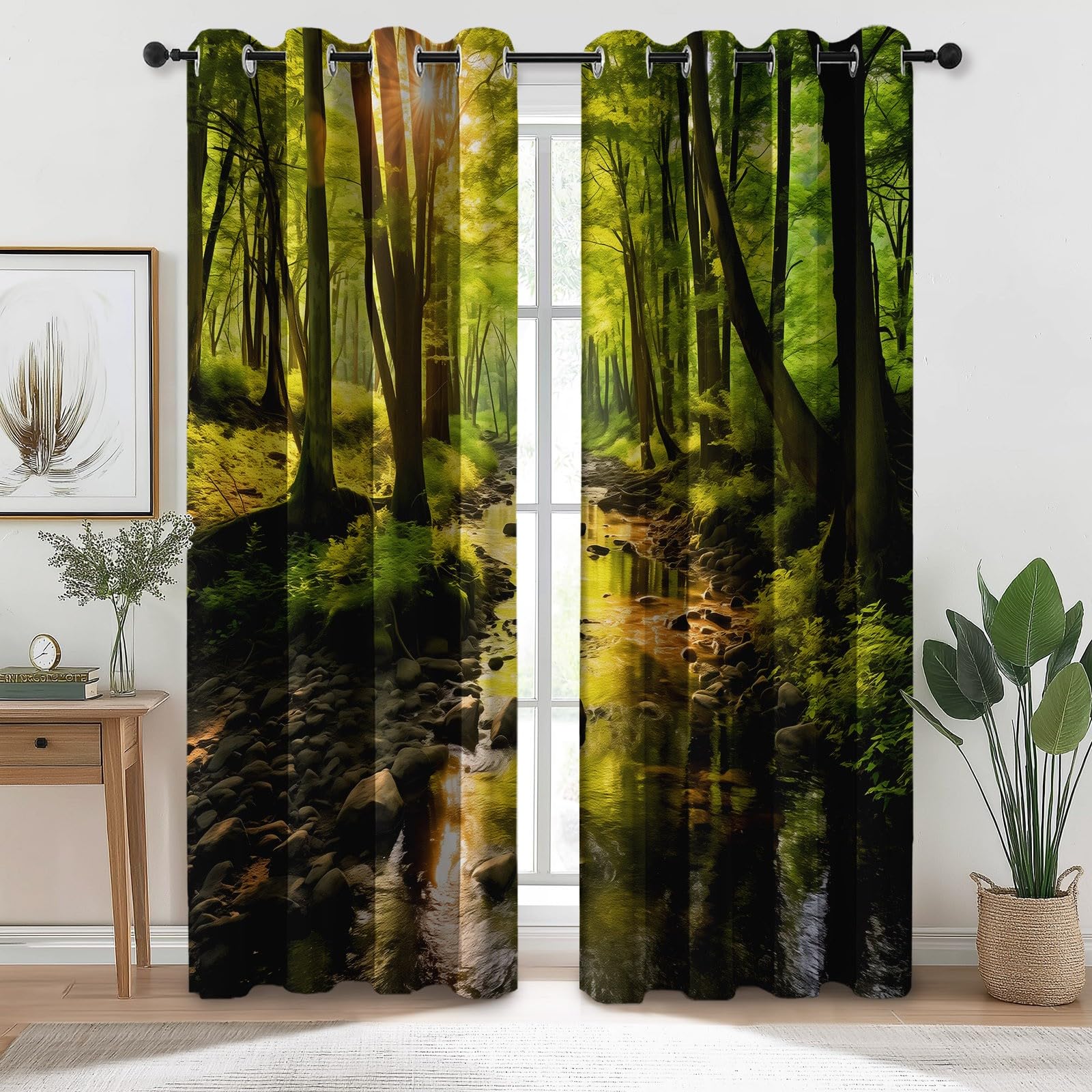 Zasłony zaciemniające do wnętrz - Natura las ze strumieniem, zasłona zaciemniająca do sypialni, 117 x 229 cm (2 panele), ciemnozielone, izolowane termicznie, zasłony z oczkami do biura i salonu