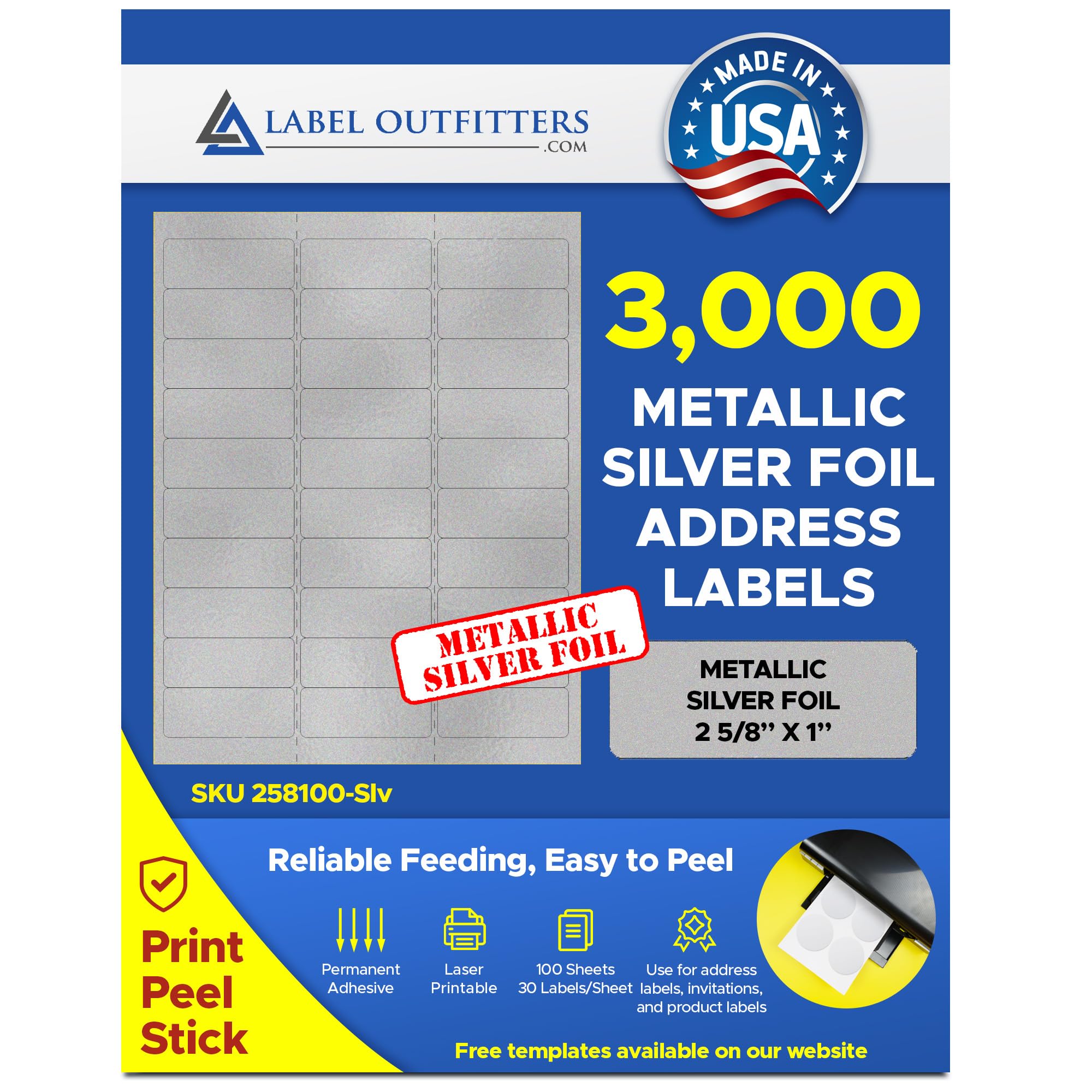 3,000 Label Outfitters Printable Metallic Silver Foil Laser Printer Address Labels, 100 Sheets, 2-5/8" X 1" Size