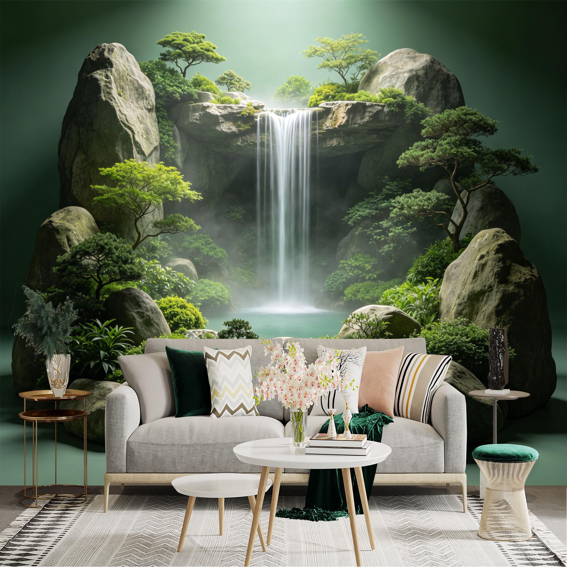Lnzczhyre Dbh260521472 Custom Size Wall Sticker Mural， Serene Mountain Waterfall， Zen Forest Landscape， Lush Greenery Scenery， Peaceful Nature View， For Wall Decoration， Peelandstick Wall Decals.