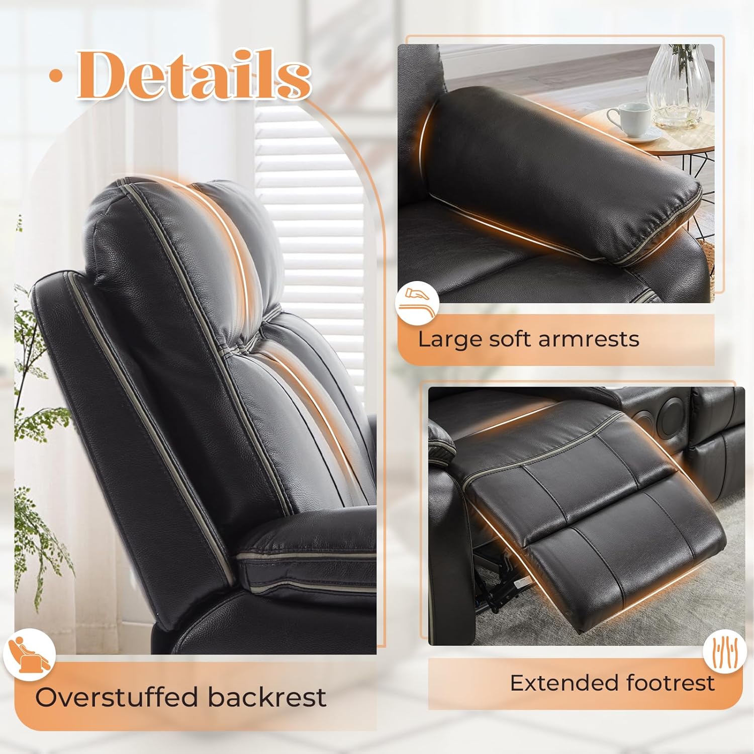 Power Reclining Sofa with Drop Down Table, Breathable Leather Electric Reclining Couch Wall Hugger 3 Seater Recliner with Cup Holder/USB/Type C for Living Room Furniture(Black, 3 Seater) | Drop Down Table, Breathable Leather, Cup Holder