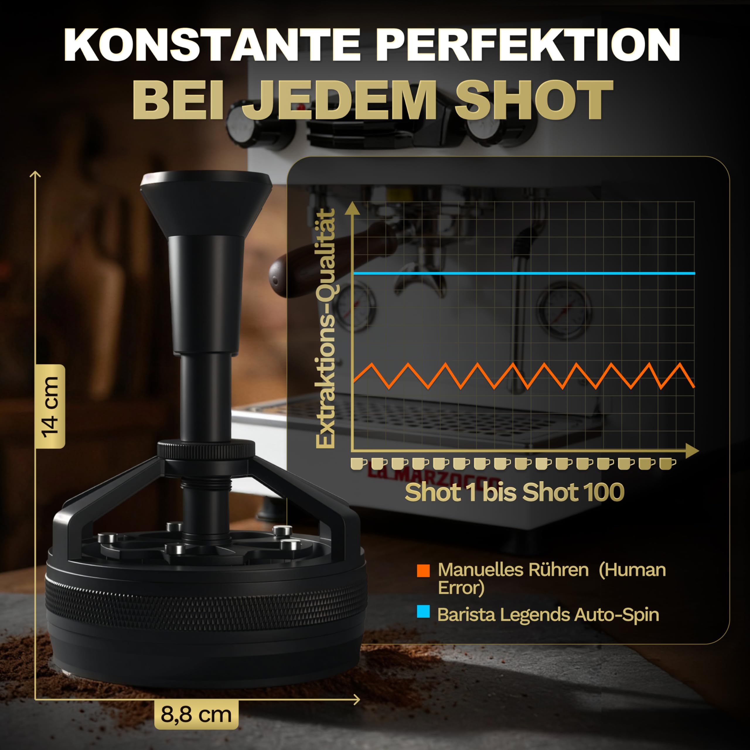 Barista Legends Automatyczne narzędzie WDT – magnetyczne mieszadło do espresso z obrotowymi igłami – równomierne rozprowadzanie mąki do kawy dla idealnej ekstrakcji – kompatybilne z sitkiem 58 mm