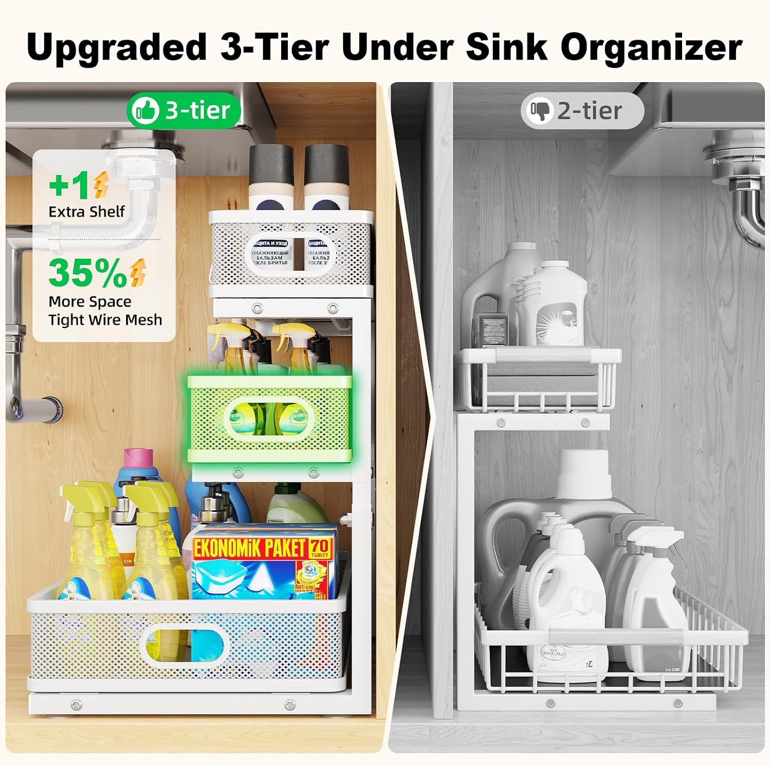 3 Tier White Under Sink Organizer,Kitchen Cabinet Storage Organizer(2 pack) image 3