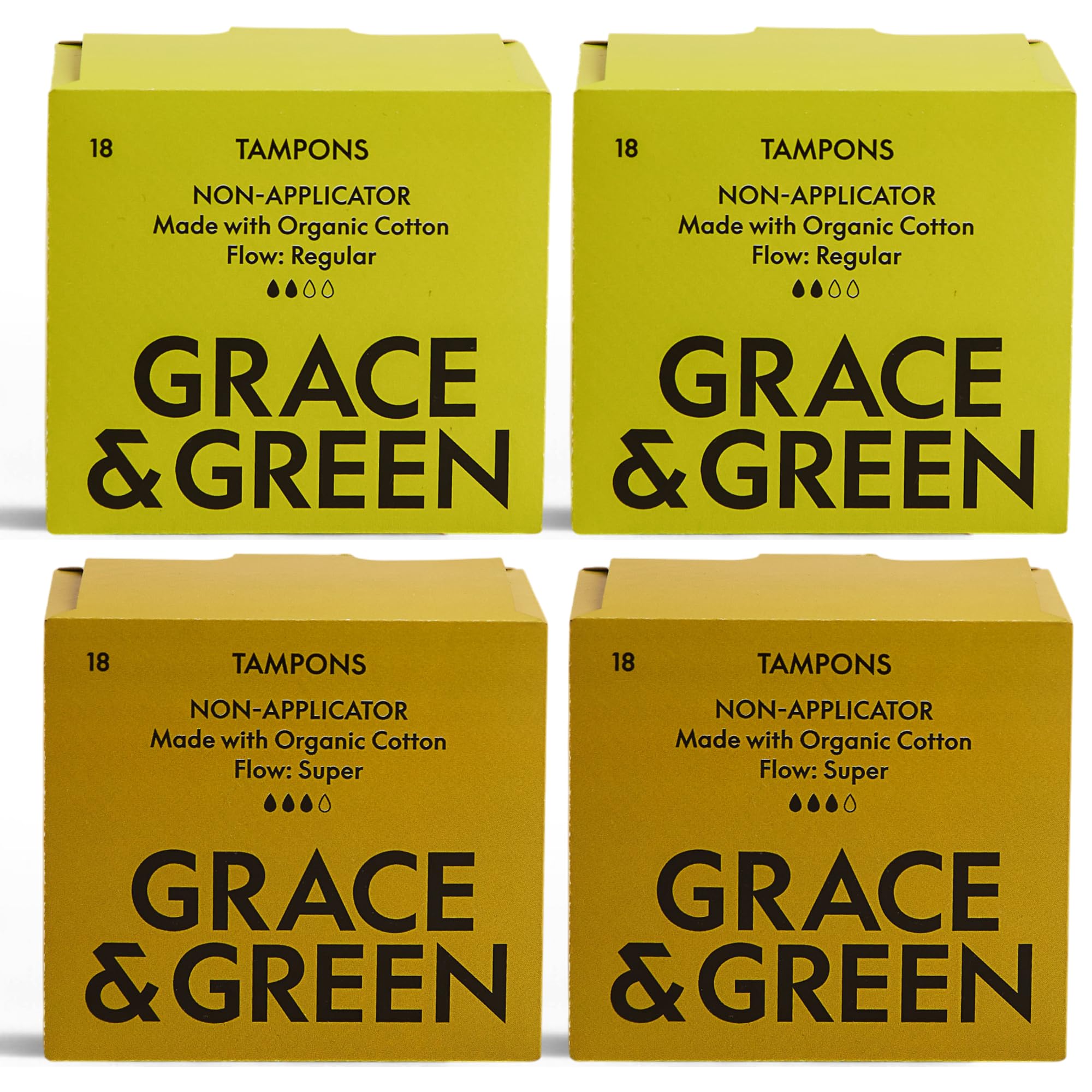 Grace & Green 72 Non-Applicator Tampons - Regular & Super Size - Eco-Friendly Period Products | Biodegradable Packaging | B-Corp Certified | Safe & Sustainable | 2 Packs x 18 Regular & 18 Super Size
