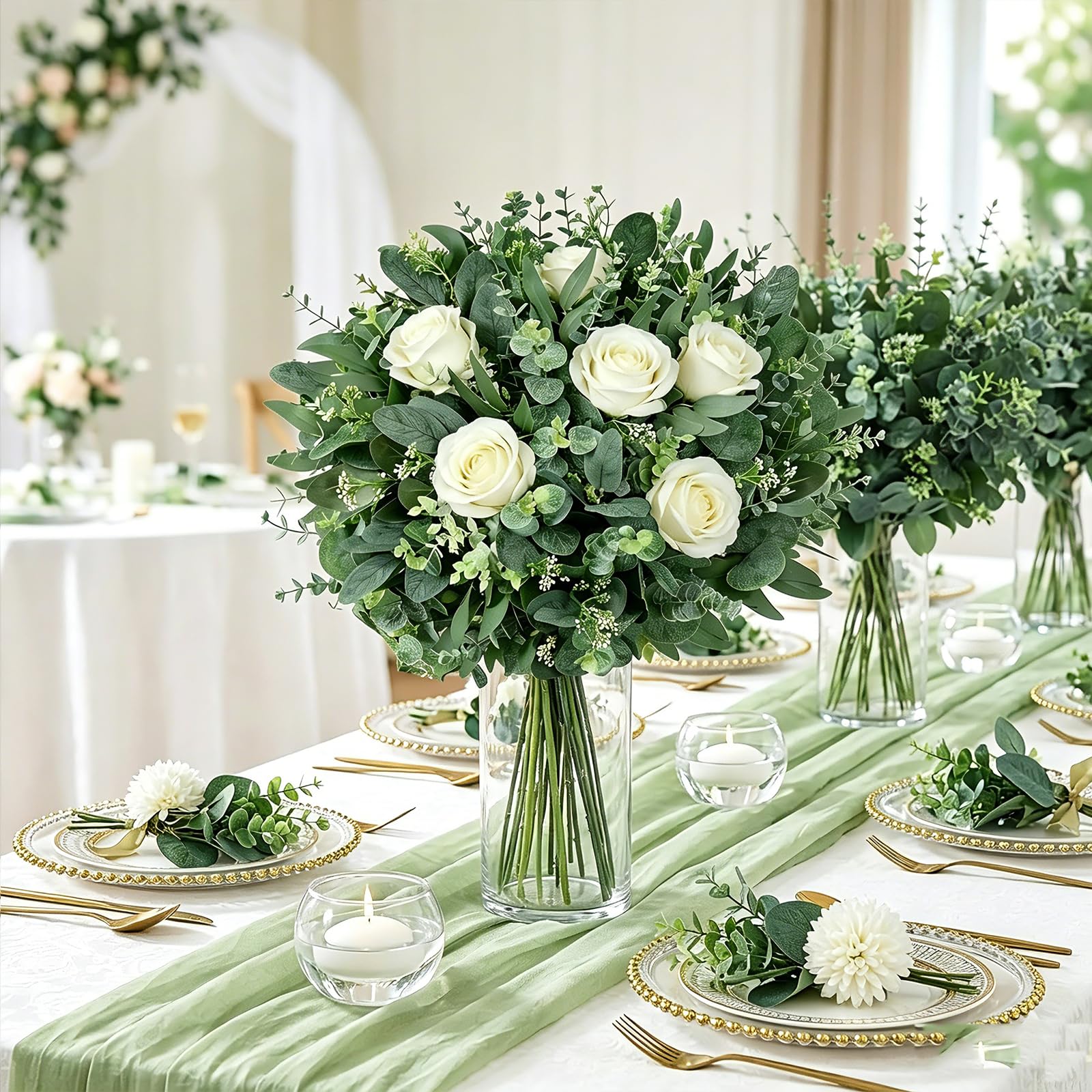HUAHUA 140 foglie di eucalipto artificiali, 5 tipi misti, foglie di eucalipto finte, per bouquet fai da te, centrotavola, composizioni floreali, decorazioni per la casa e matrimoni