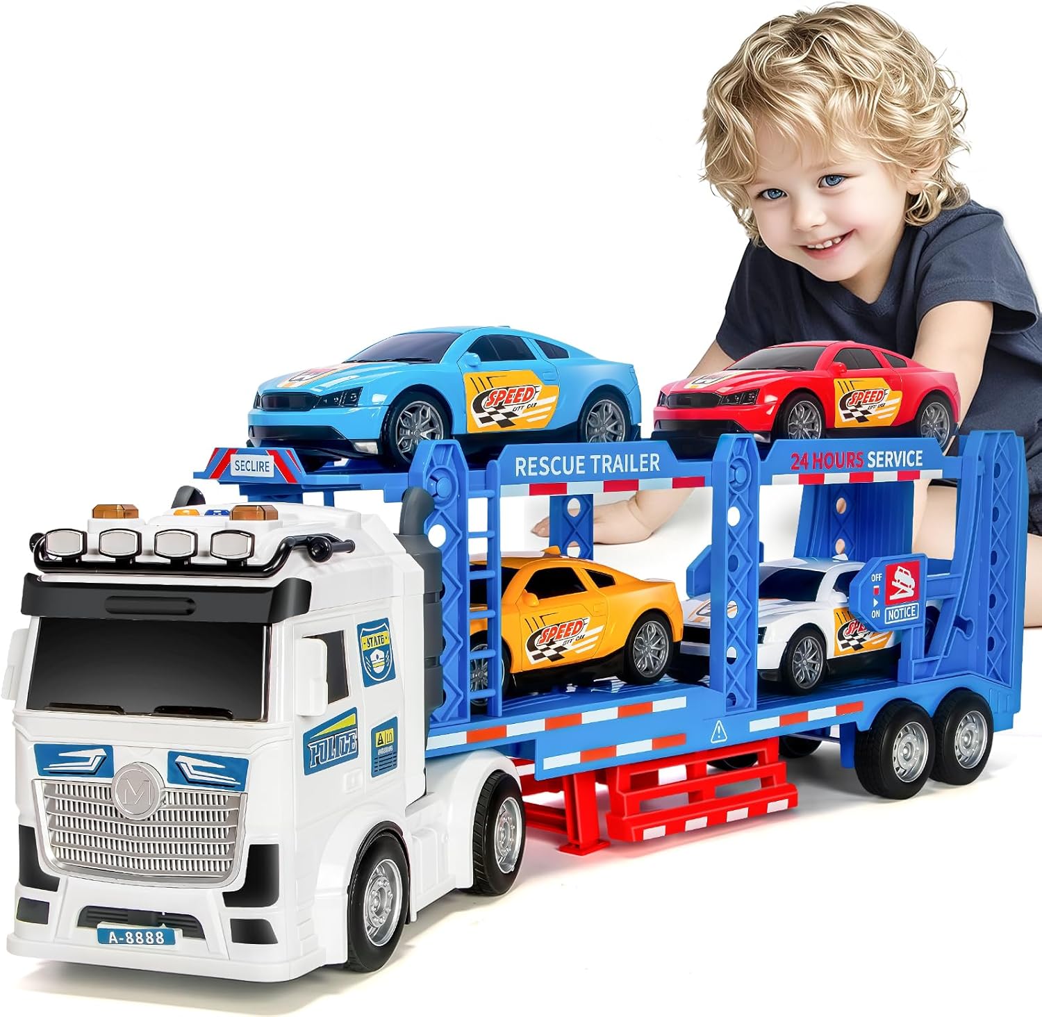 Toddler Boy Toys for 3 4 5 6 7 Years Kids, 21" Double Layer Race Truck Toy with 4 Racing Cars, Friction Powered Vehical Toys with Lights and Sounds, Birthday for Boy Girls-Blue