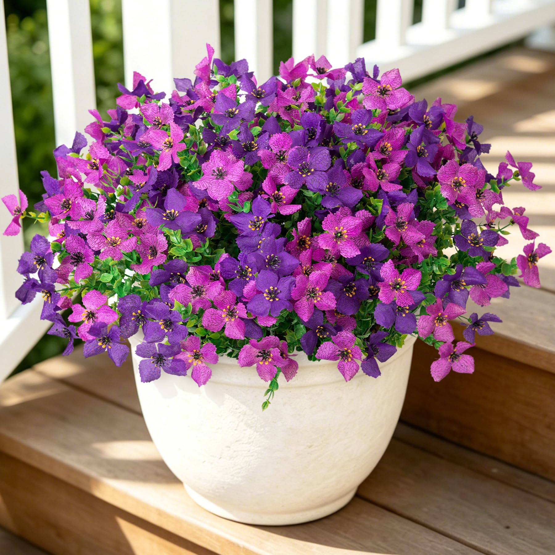 INXUGAO Artificial Faux Plants Flowers Outdoor Spring Summer Decoration, 12 Bundles Fake Silk Colorful Daisy Eucalyptus Realistic UV Resistant for