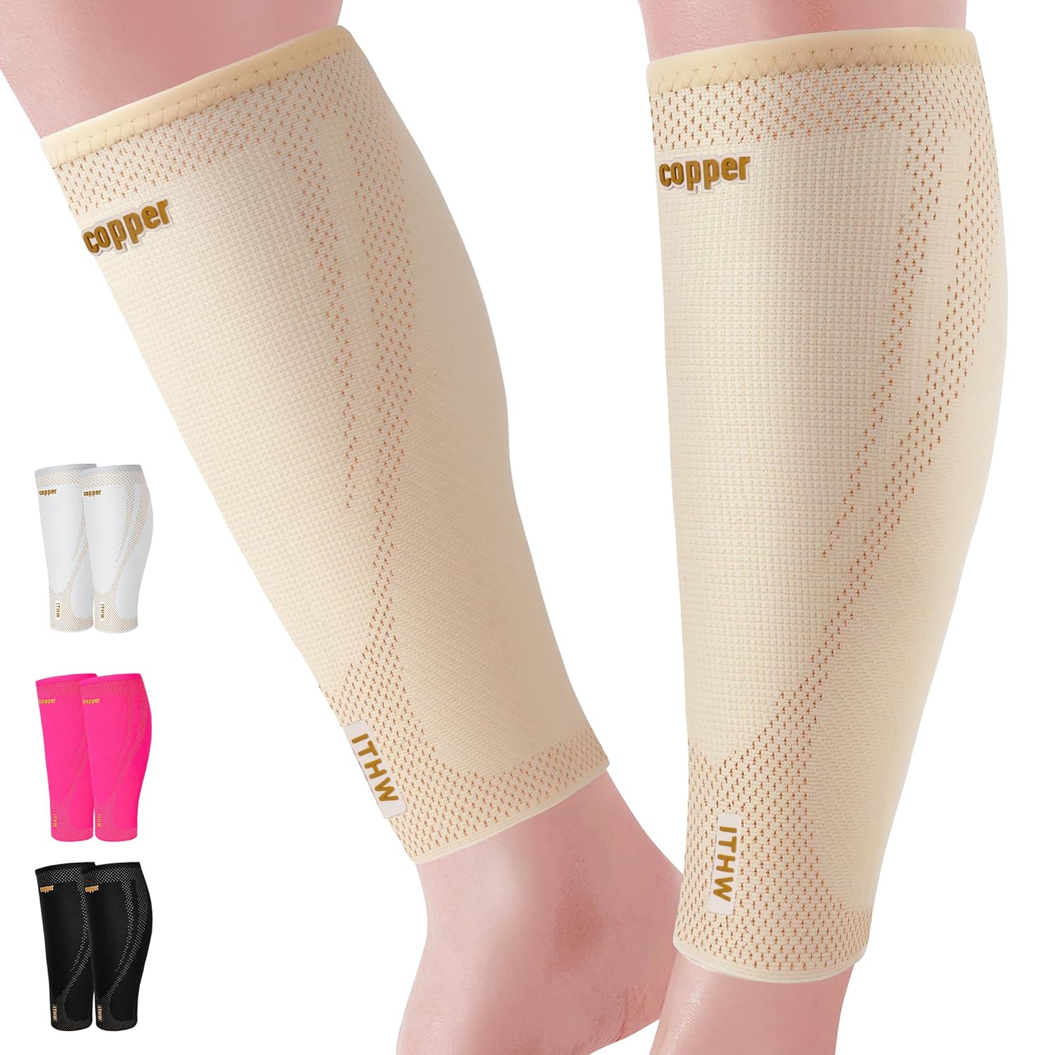 Copper Calf Compression Sleeves for Men & Women - High Stretch Graduated Compression with Anti-Slip Grip | Breathable & Smooth Lining Footless Design for Runners, Shin Splints, Leg Fatigue & Travel
